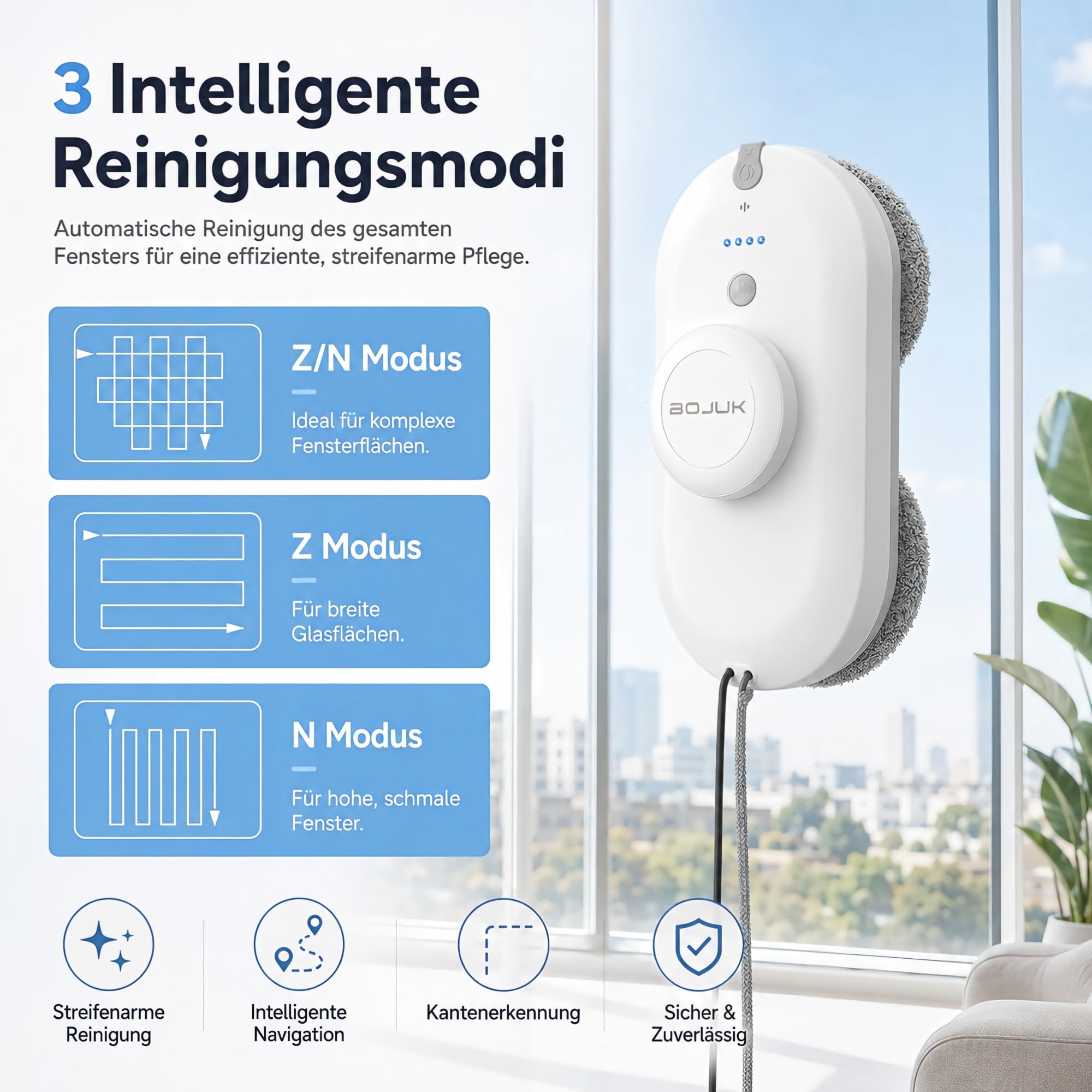 Fensterroboter, 5000Pa Fensterputzroboter, Zwei-Wege-Sprühsystem | 100ml Tank, Intelligente Routenplanung, Kantenerkennung, UPS, 3 Modi, lückenlose Reinigung aller Fensterarten