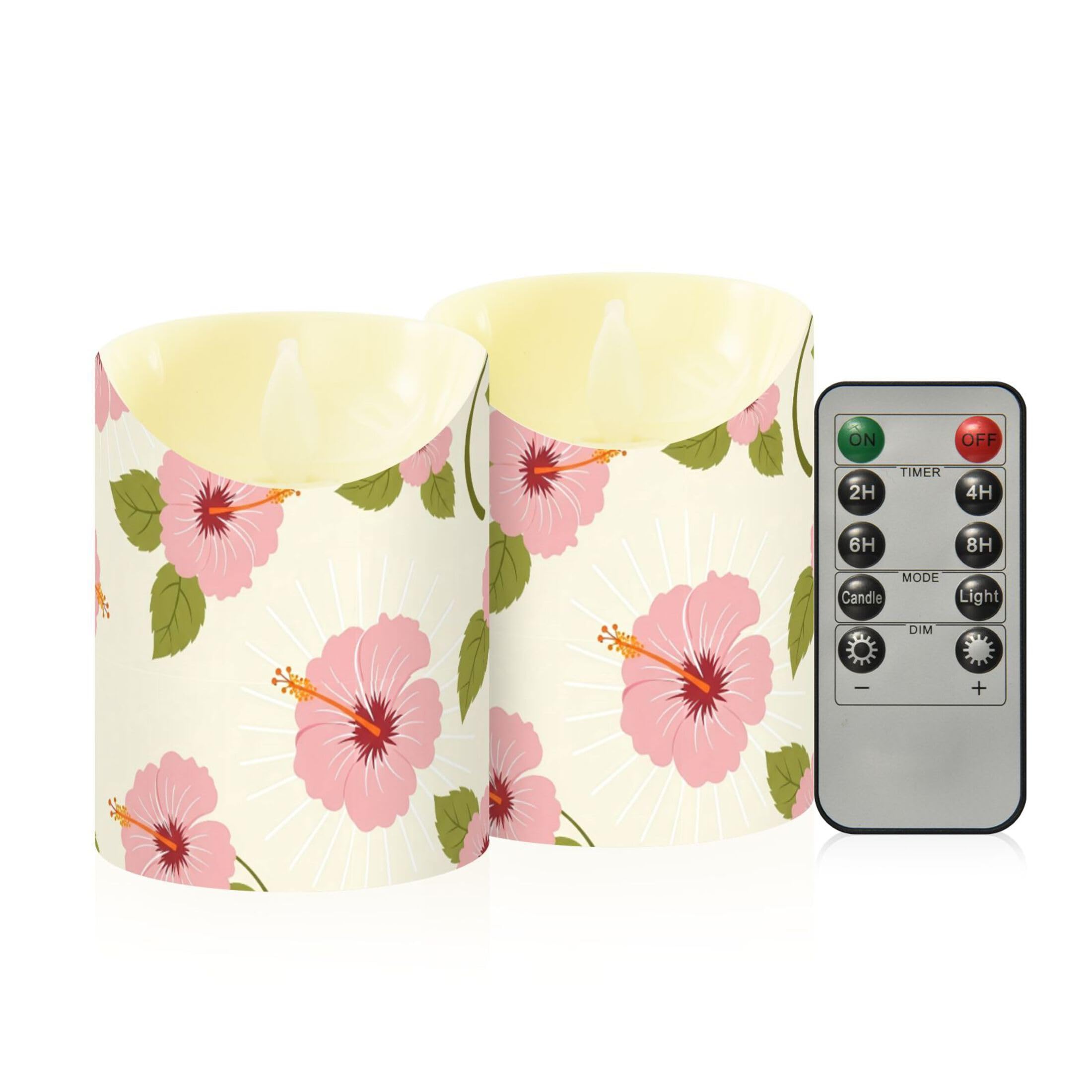 Fuauuyl Hibiscus LED Flameless Candles Flickering Plastic Pillar Candles Battery Operated Votive Candle with Remote Control and Timer, Home Decoration 2 Pack