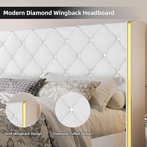 Miniatura 4 de Base de cama individual con cabecero, marco de cama individual con diseño capitonado de diamante, cama de plataforma tapizada con respaldo de alas,