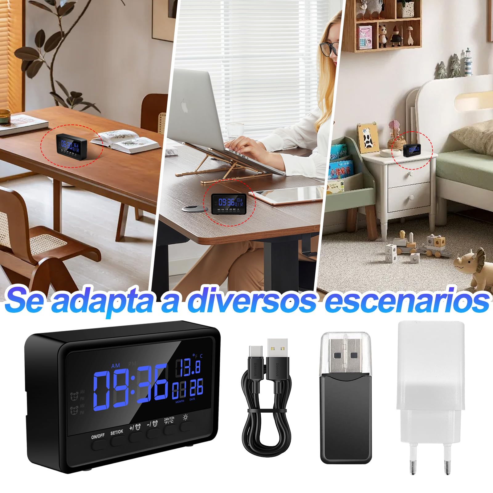 Camara Espia Oculta WiFi Interior, 1080P, Visión Nocturna | Doble banda 2.4/5GHz, gran angular 120°, detección movimiento, despertador 2 en 1, brillo 5 niveles, microSD 128GB, invisible