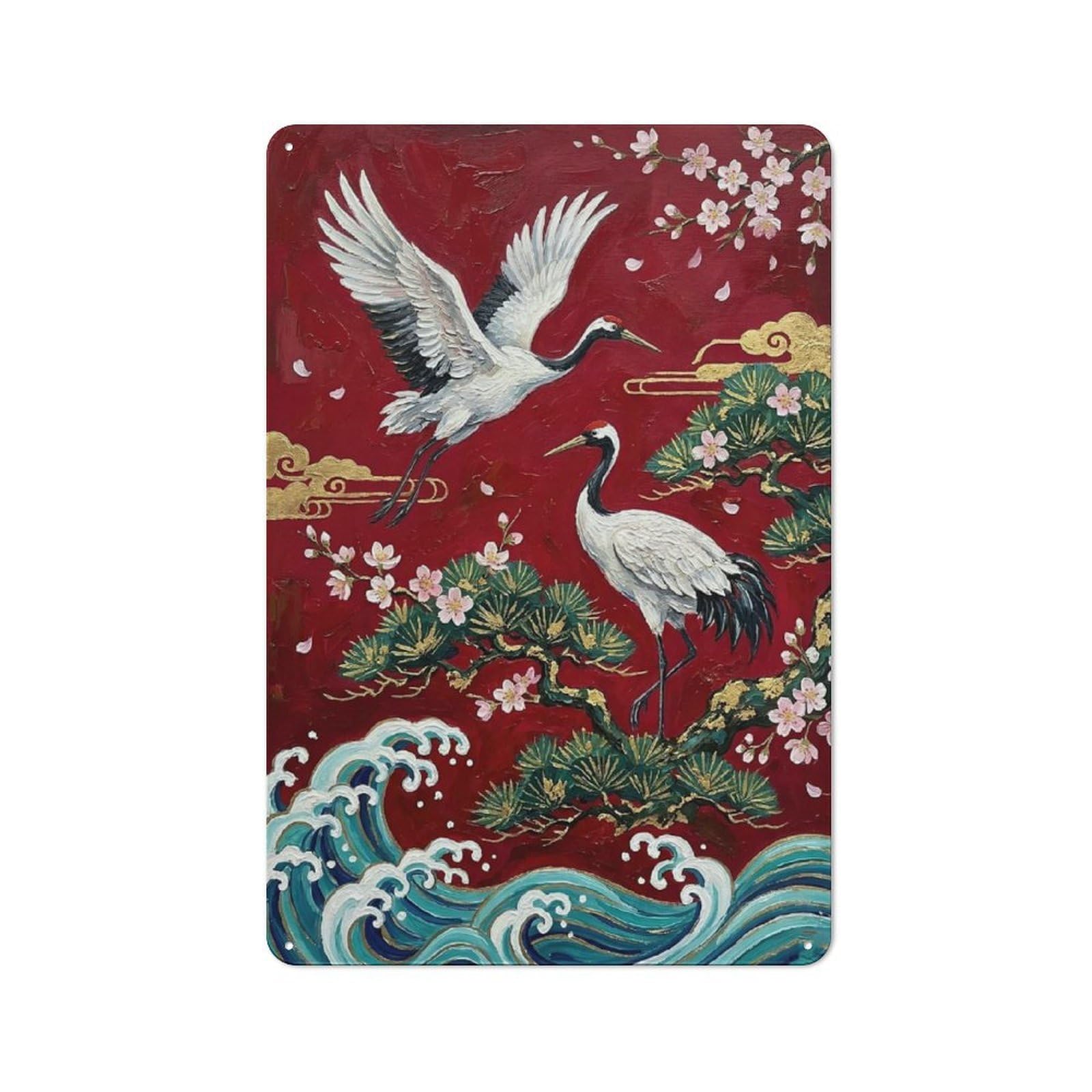 Junmoney Style-9 Workshop Style Cranes And Cherry Blossoms Painting Tin Sign 30X20cm, Workshop Wall Decor For Tool Room, Garage, Studio Or Home Bar