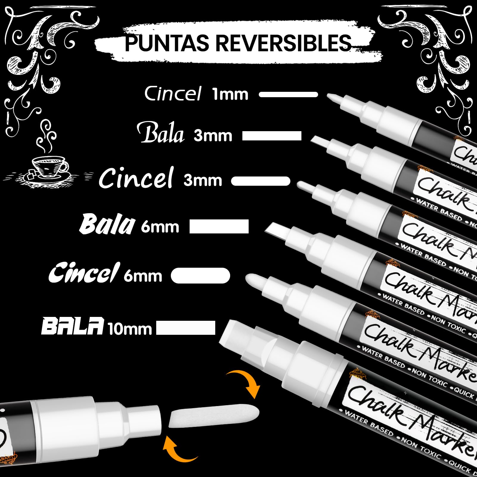 Maqhpu Rotulador Tiza Liquida, 6 Pcs Tizas Pizarra Blanca, Rotuladores Cristal Borrable para Ventana, Pizarra, Vaso, Tarros de Especias (1 mm, 3 mm, 6 mm, 10mm)