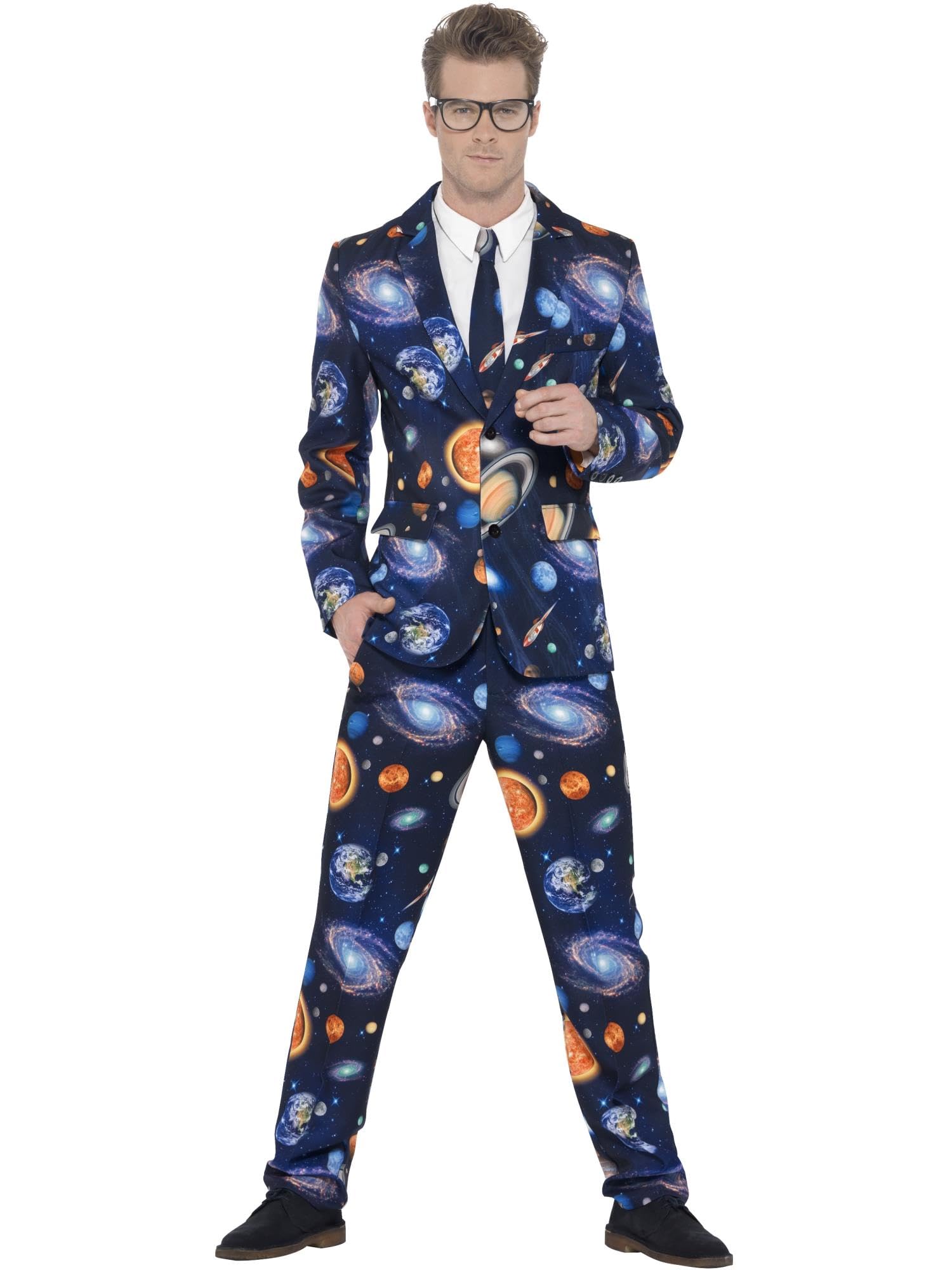 Smiffy's Men's Space Suit, Jacket, Trousers & Tie, Size: L, Colour: Blue, 41590 - Fancy Dress Mens Suit Space Costume Stand Out Stag Outfit Funny