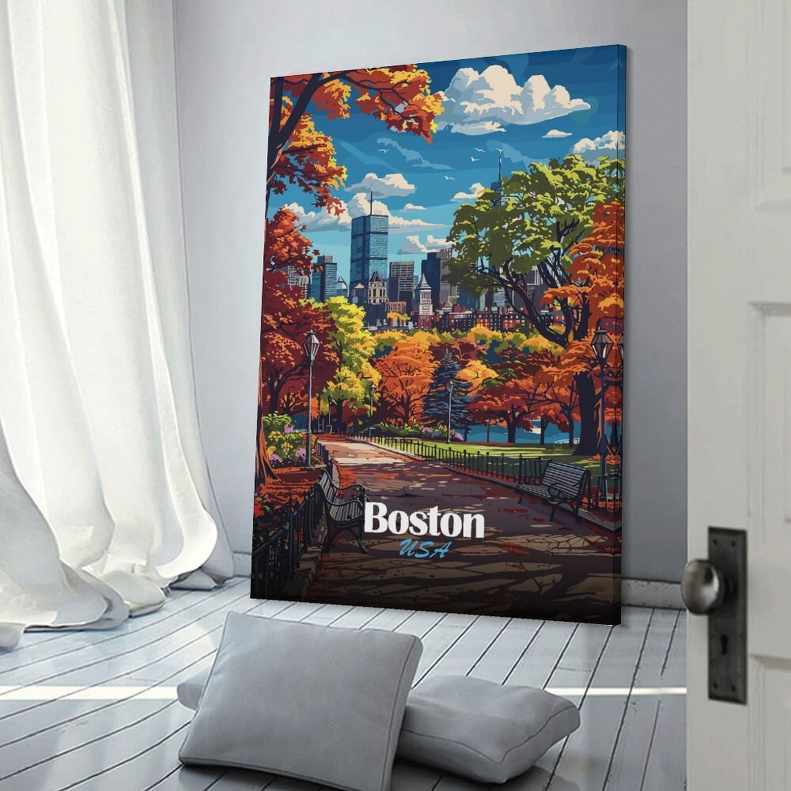 Junmoney Boston Skyline Autumn Room Decor Wall Art 24x36inch(60x90cm), for Bedroom, Guest Room Or Reading Nook, An Easy Wall Refresh for Bedrooms