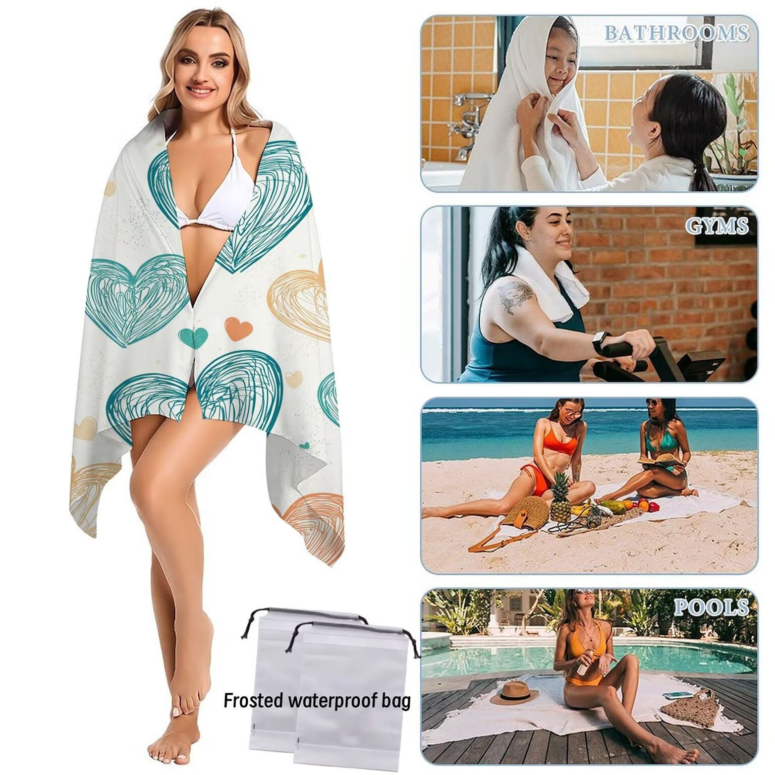 Strandtuch XXL 2er Set 80 x 160 cm, Groß Schnelltrocknendes Mikrofaser Handtuch, Sandfrei Badetuch, Summer Must Haves, für Damen Herren Reise Urlaub Schwimmen Sauna, mit Tasche (Liebe) B-4