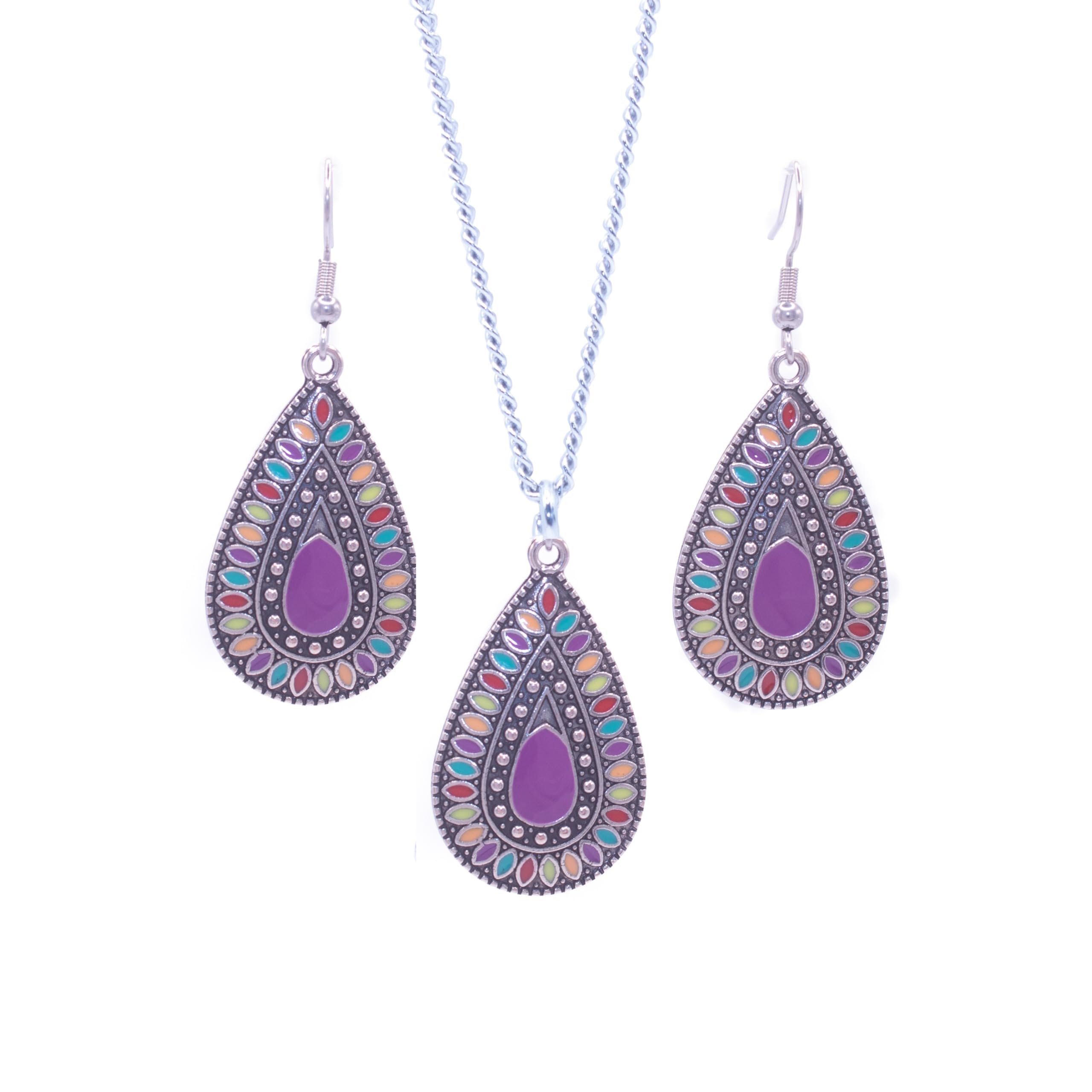 ZARZAMORA Conjunto Collar y Pendientes Colgantes Estilo Bohemios Vintage Plata Tibetana Acabado Antiguo y Cadena de acero Inoxidable -Colgantes Mujer Esmaltados Conjunto de joyas -Regalo Original