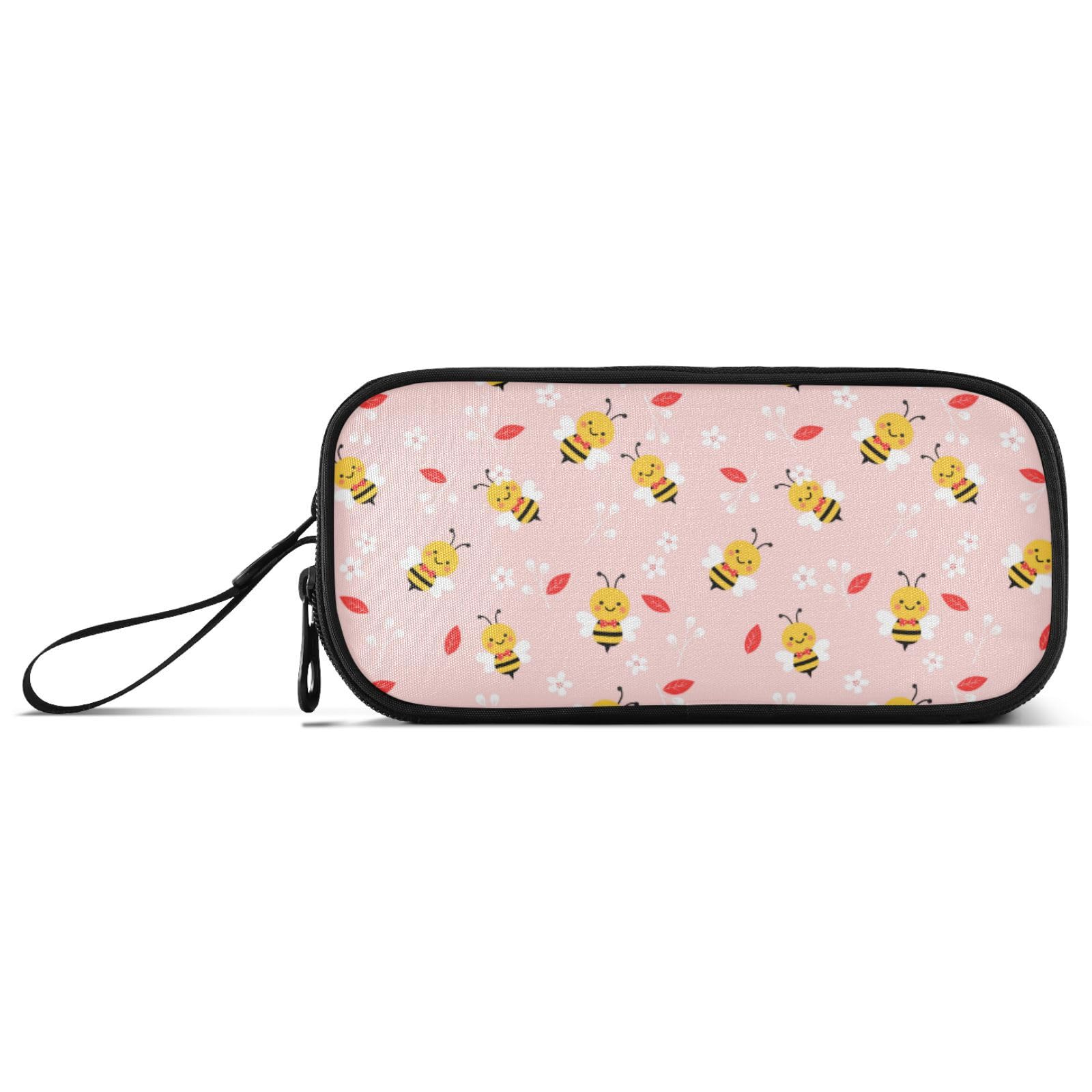 Large Pencil Case, Big Capacity Pencil Bag Pen Pouch Holder 3 Compartments, Bee Flowers on Pink School Office Supplies Stationery Makeup Bag Storage Organizer for Students Girls Boys Women — image 1