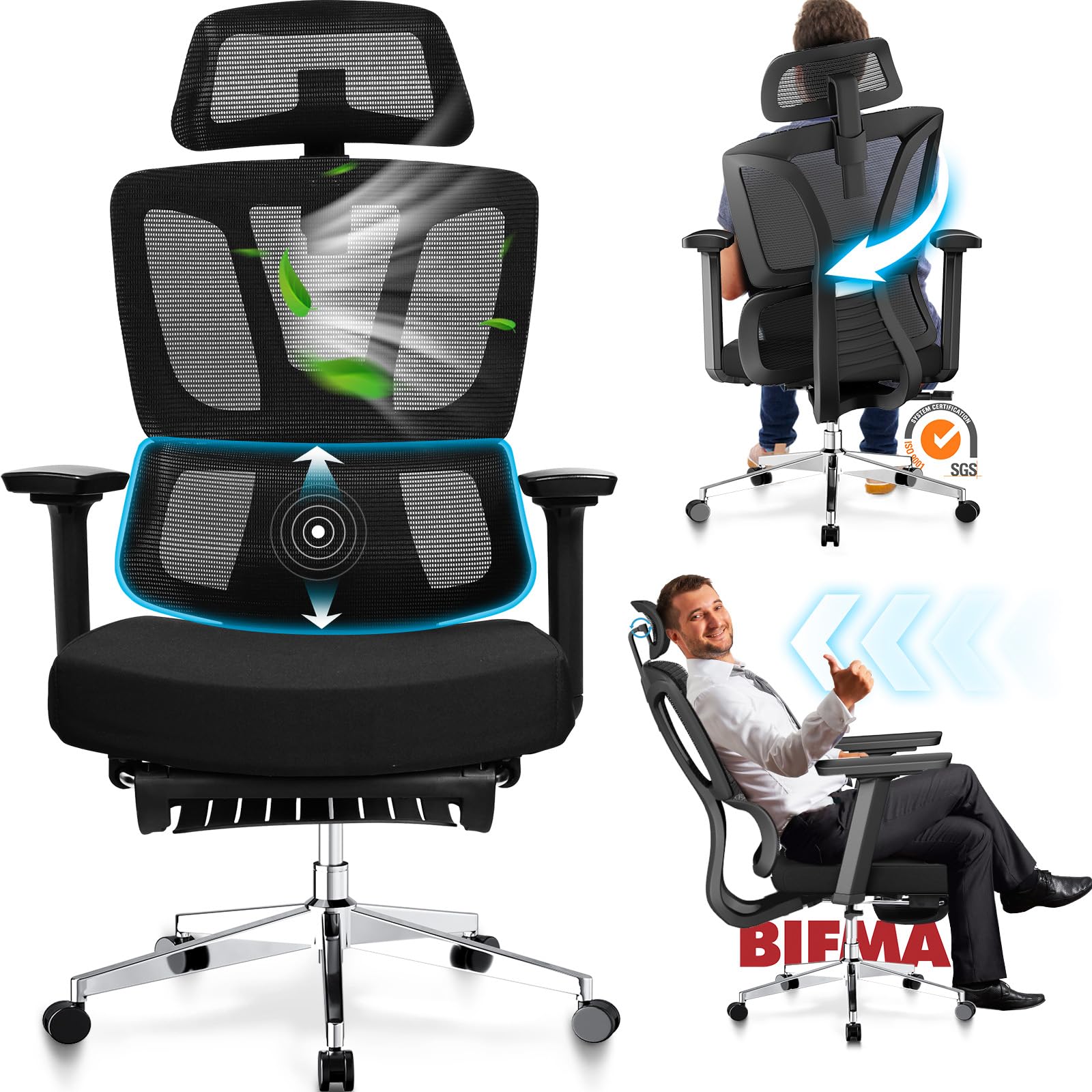 MELOKEA Silla de Oficina Ergonómica con Reposapiés, Reposabrazos 3D, Respaldo Alto Adaptativo, Resistencia Automática al Reclinado, Silla de Escritorio para Personas Altas, Capacidad de 150 kg