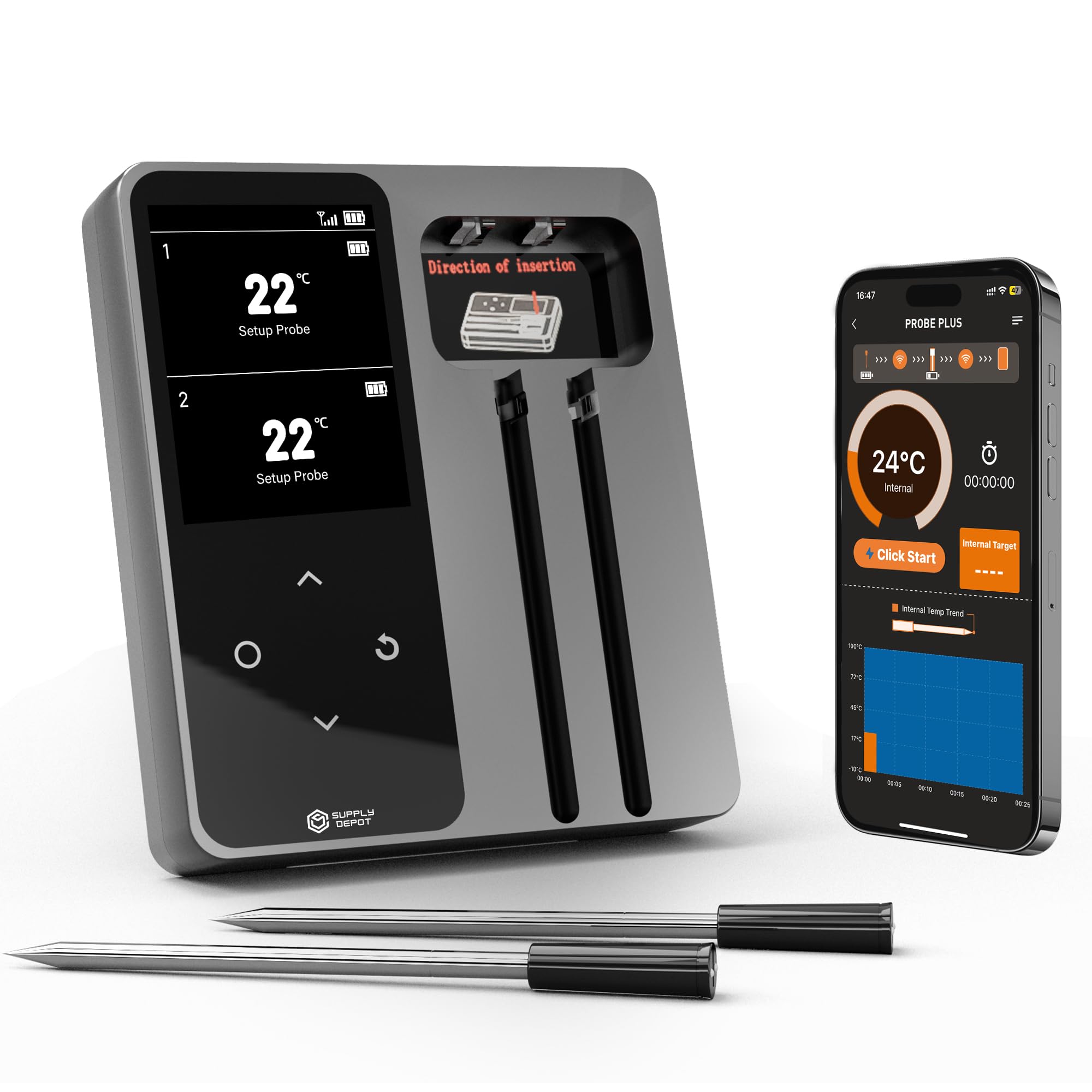 Meater Thermometer Wireless, 2 Probes Bluetooth Meat Thermometer, 572°F Heat Resistance WIFI Smart Thermometer Accuracy of ±0.5°F, LCD Display Wireless Thermometer for Grilling, Oven Smoker, Air Fryer