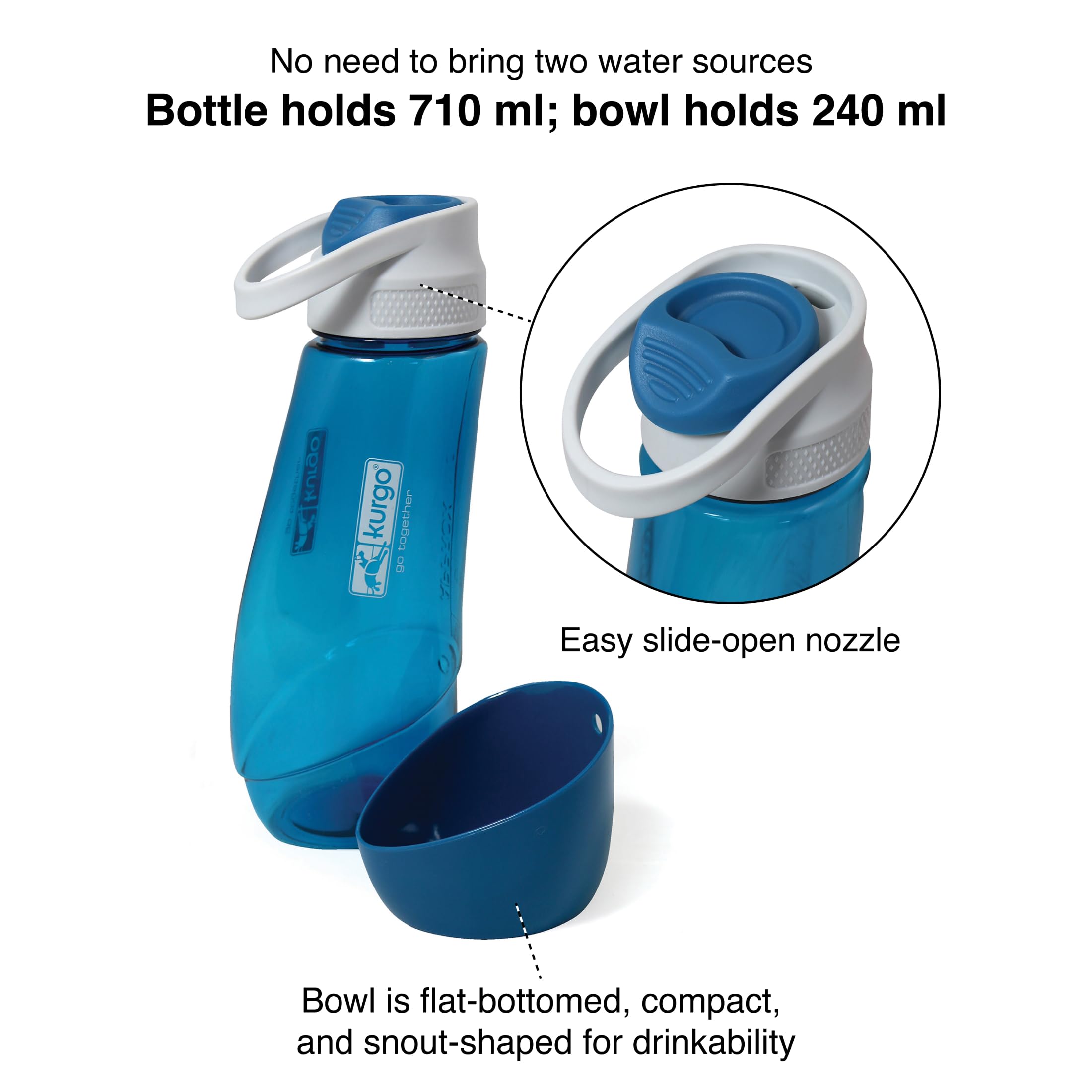 Kurgo Butelka na wodę z tykwą i miska, 2 w 1, podróżna butelka na wodę dla psa, zdejmowana miska, bez BPA, pojemność 750 ml, niebieska (Coastal Blue)