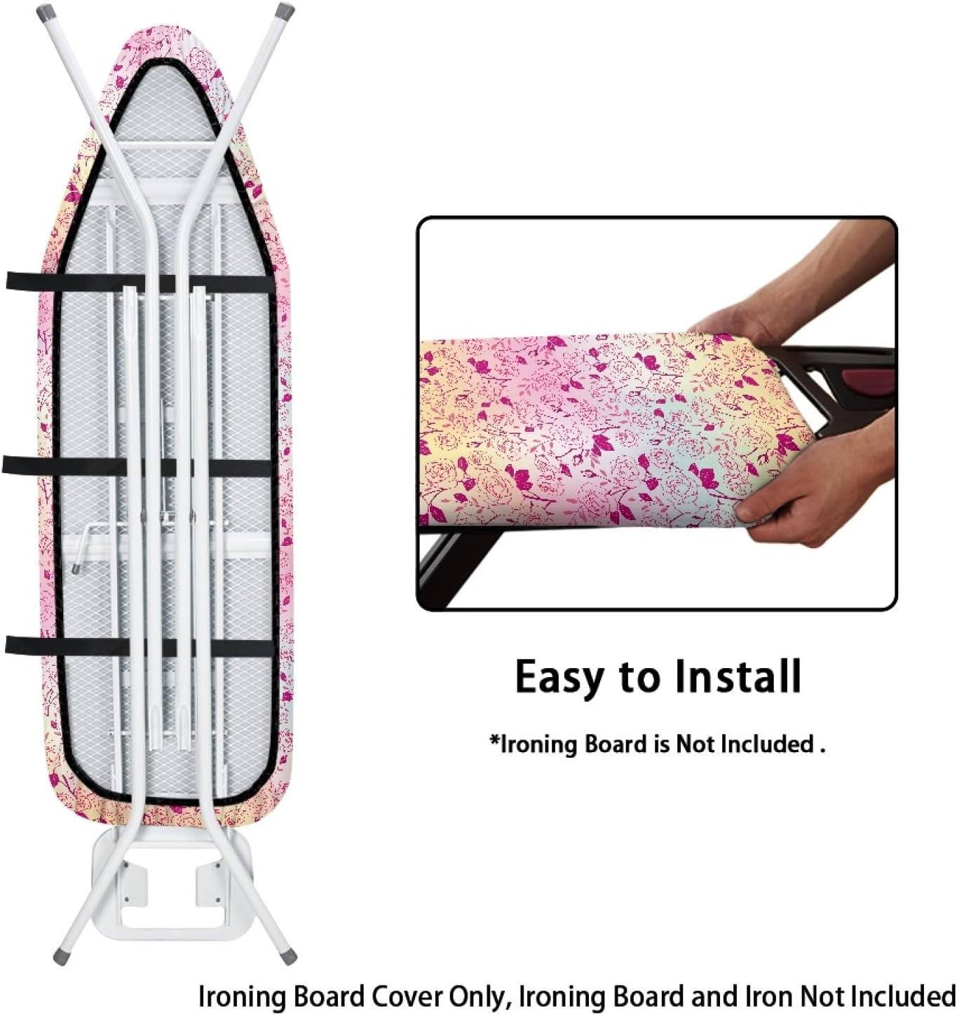 Flowers Ironing Board Cover,16"x55" Standard Ironing Board Cover with Elastic Edge and Hook and Loop Fasteners, Scorch & Stain Resistant, Polyester Home Ironing Board Covers, Lush Floral