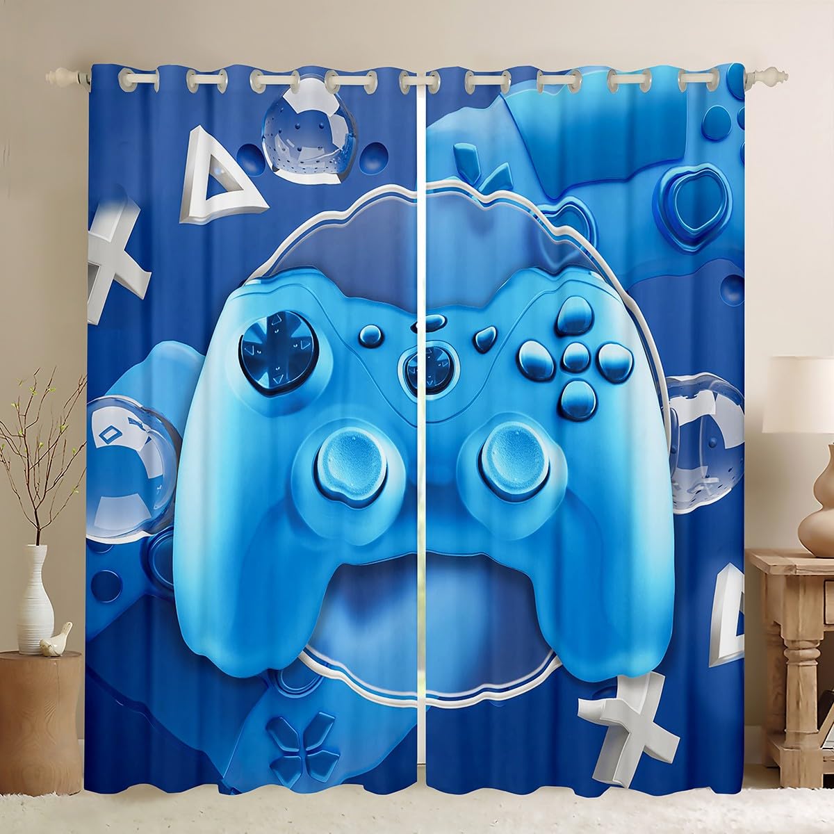 Gamer Curtains for Bedroom Living Room Novelty Blue Game Gamepad Style Curtains for Kids Boys Girls Teens Juvenile Gamer Video Games Windows Drapes Gaming Theme Room Decoration,W52*L63 — image 1