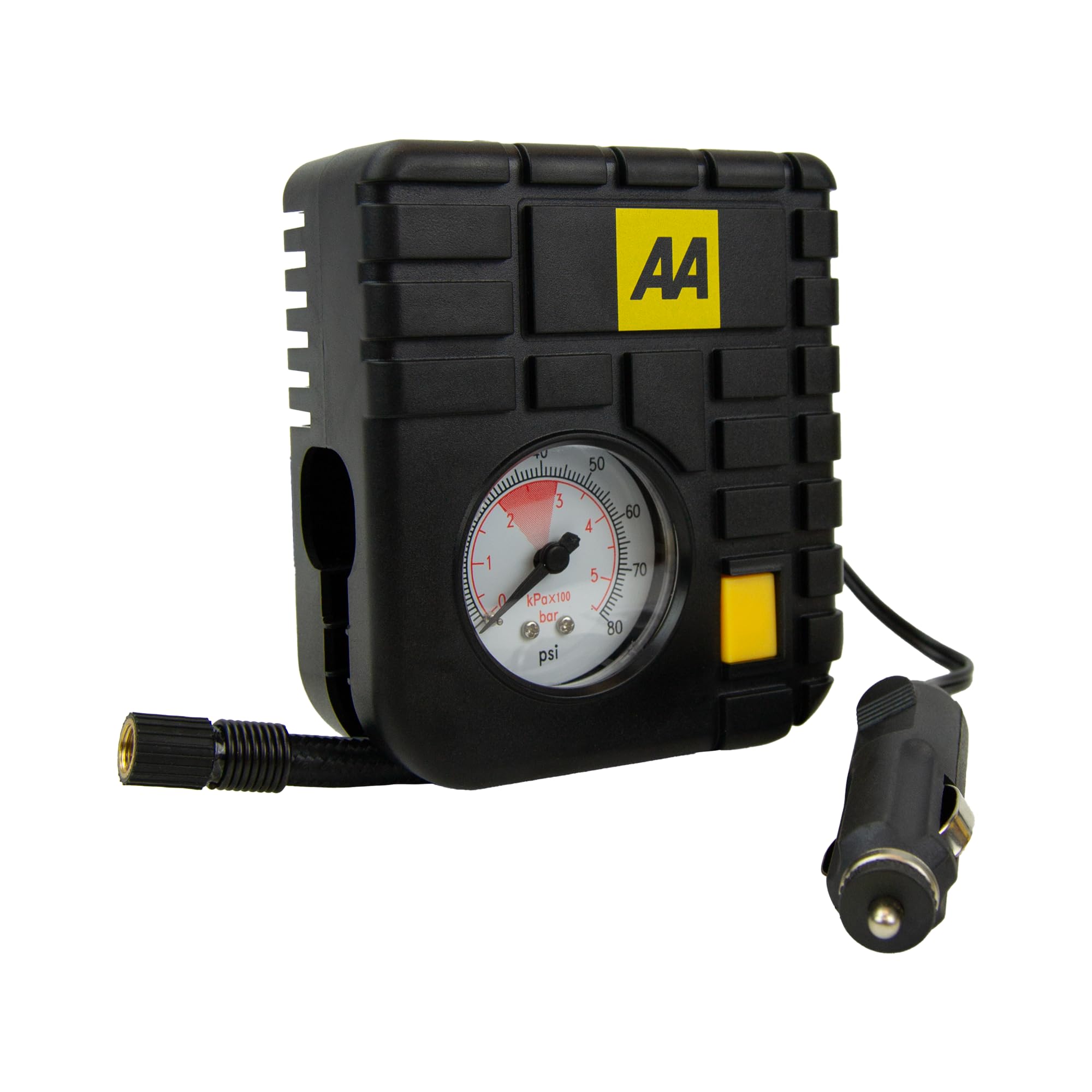 AA Car Essentials 12V Compact Tyre Inflator AA5007 – For Cars Vans Motorbikes Vehicles Inflatables Bicycles - PSI BAR KPA 0-80 PSI – Includes Adaptors, Black
