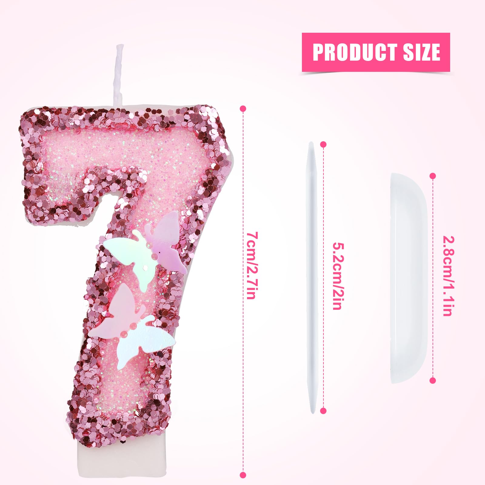 2.7 Inch Birthday Number Candles, Pink Number Candles Cake Topper Butterfly Birthday Candles with Sequins Glitter for Anniversary Celebrations Supplies (Number 7)