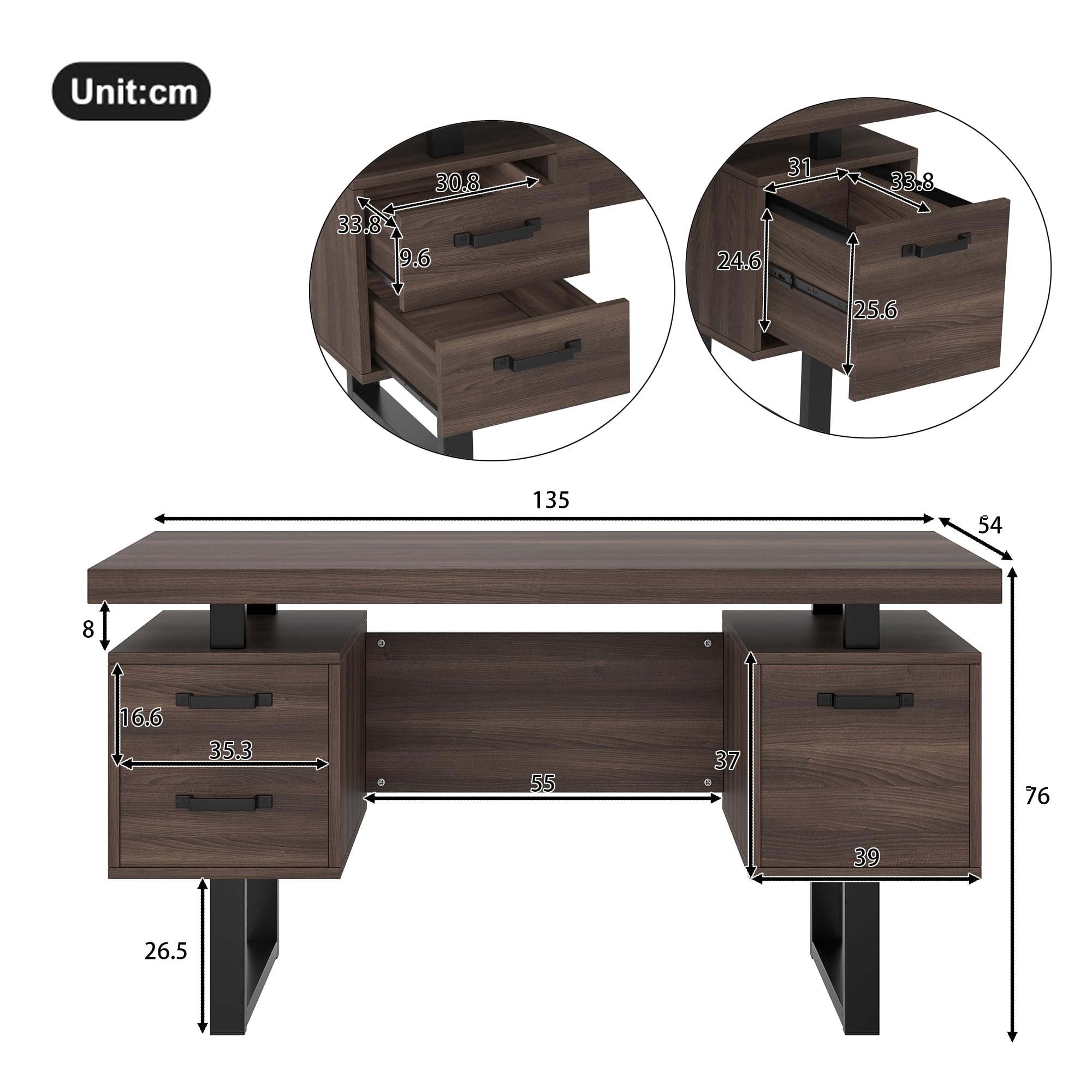 Escritorio de Oficina de MDF y Acero, Mesa de Despacho con Cajones, Marrón, 135 x 54 cm