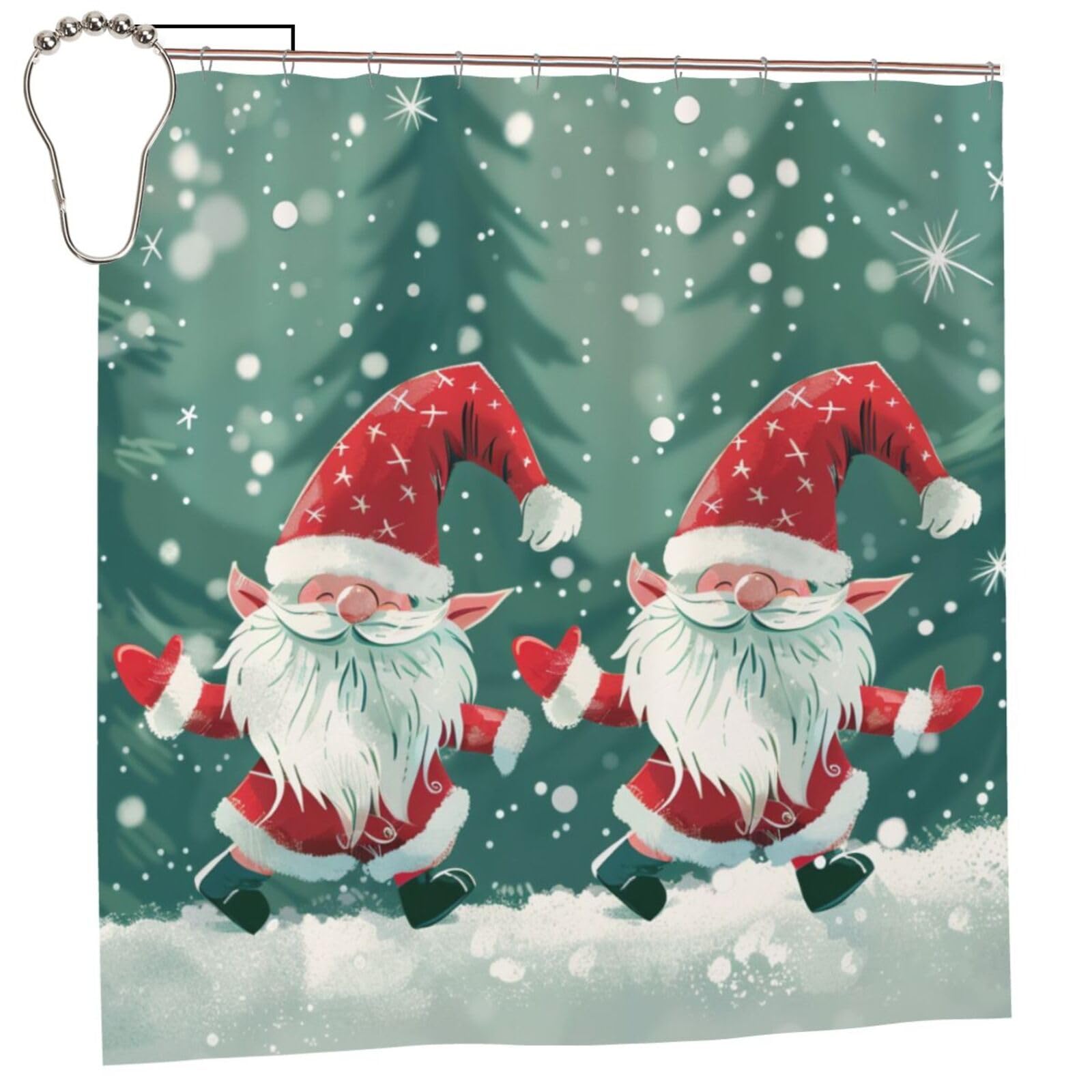 BWWHCCTI Xmas Funny Gnome Printed Shower Curtain With 12 Iron Hooks Opaque Quick Drying Waterproof Shower Curtains Sets For Bathroom 183x183 CM