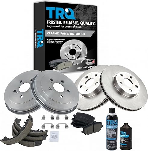 TRQ Rotor de freno de disco delantero y trasero y pastillas de freno de cerámica con líquido de freno y kit de limpiador compatible con Toyota