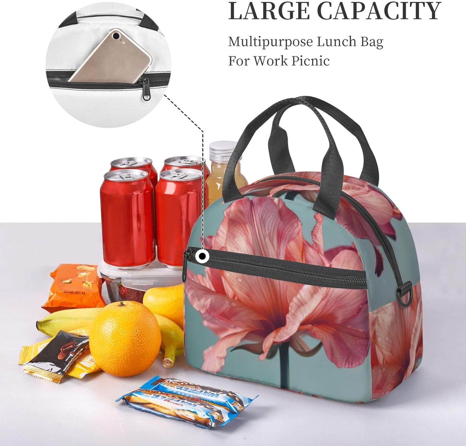 Flower Print Reusable Lunch Bag Insulated Lunch Boxes for Office Work Picnic Tote Bag Adjustable