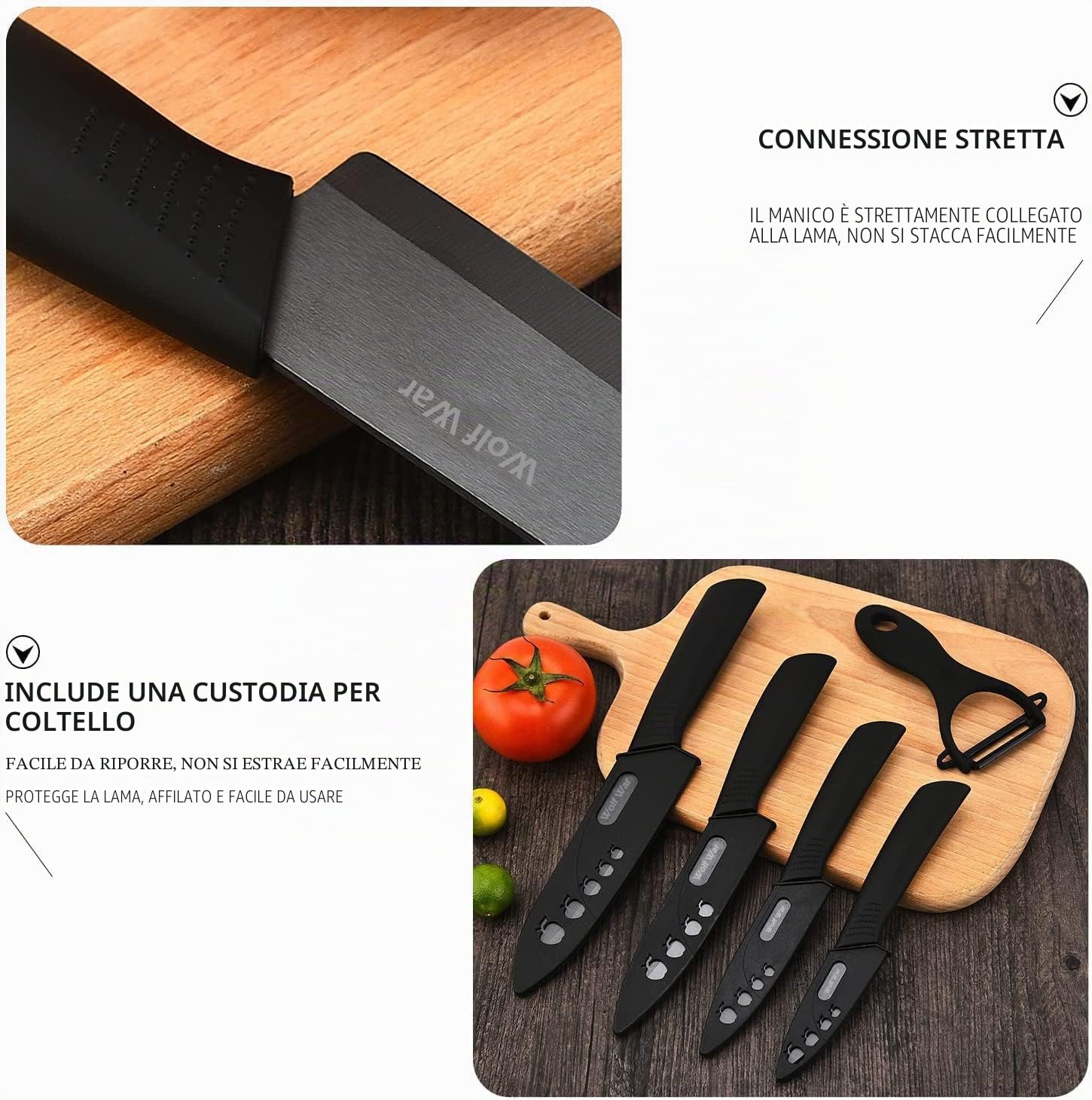Coltello in ceramica, set di coltelli in ceramica con custodia, set di coltelli da cucina con 4 coltelli e 1 pelapatate, set di coltelli da cucina per carne, frutta, verdura, colore nero