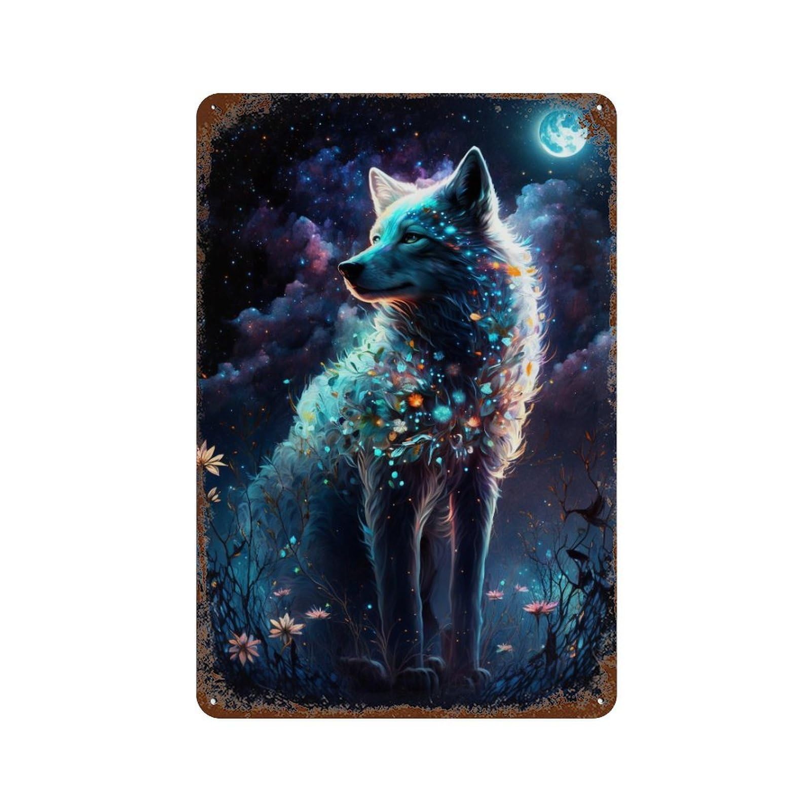 Rusty Metal Tin Sign Magical Wolf Moonlit Night 11.8"x7.9", Classic Wall Plaque for Cafe, Home Bar And Lounge Decor
