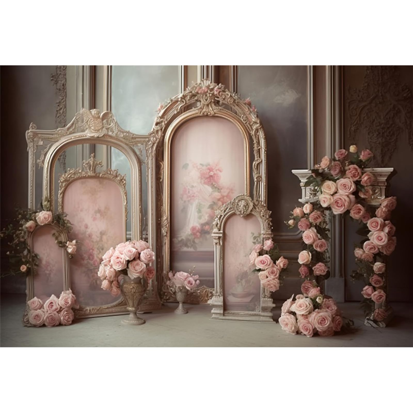 YongFoto European Retro Elegant Room Interior Wall Backdrop 7x5ft French Arched Oil Painting Frame Floral Vase Garland Photography Background Wedding