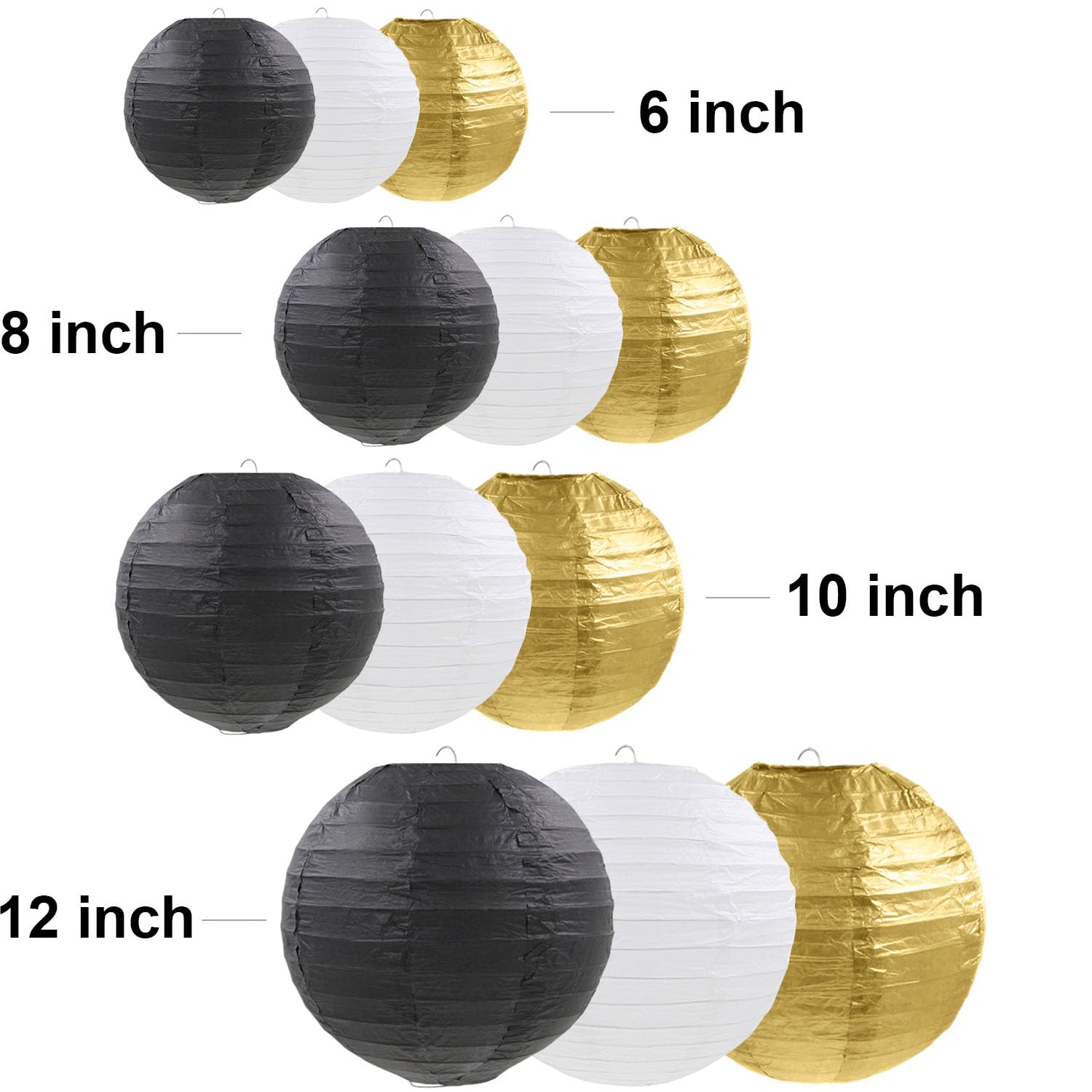 12 lanterne di carta da appendere in oro nero e bianco per Capodanno, matrimonio, laurea, anniversario, festa di compleanno, decorazione per la casa