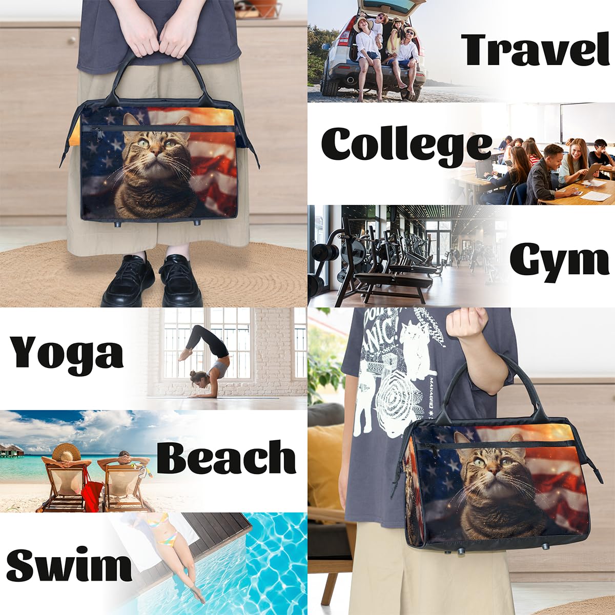 Borsa da palestra con gatto con bandiera americana del 4 luglio per uomini e donne, borsone sportivo da viaggio impermeabile per il fine settimana borsa da notte leggera da portare a mano