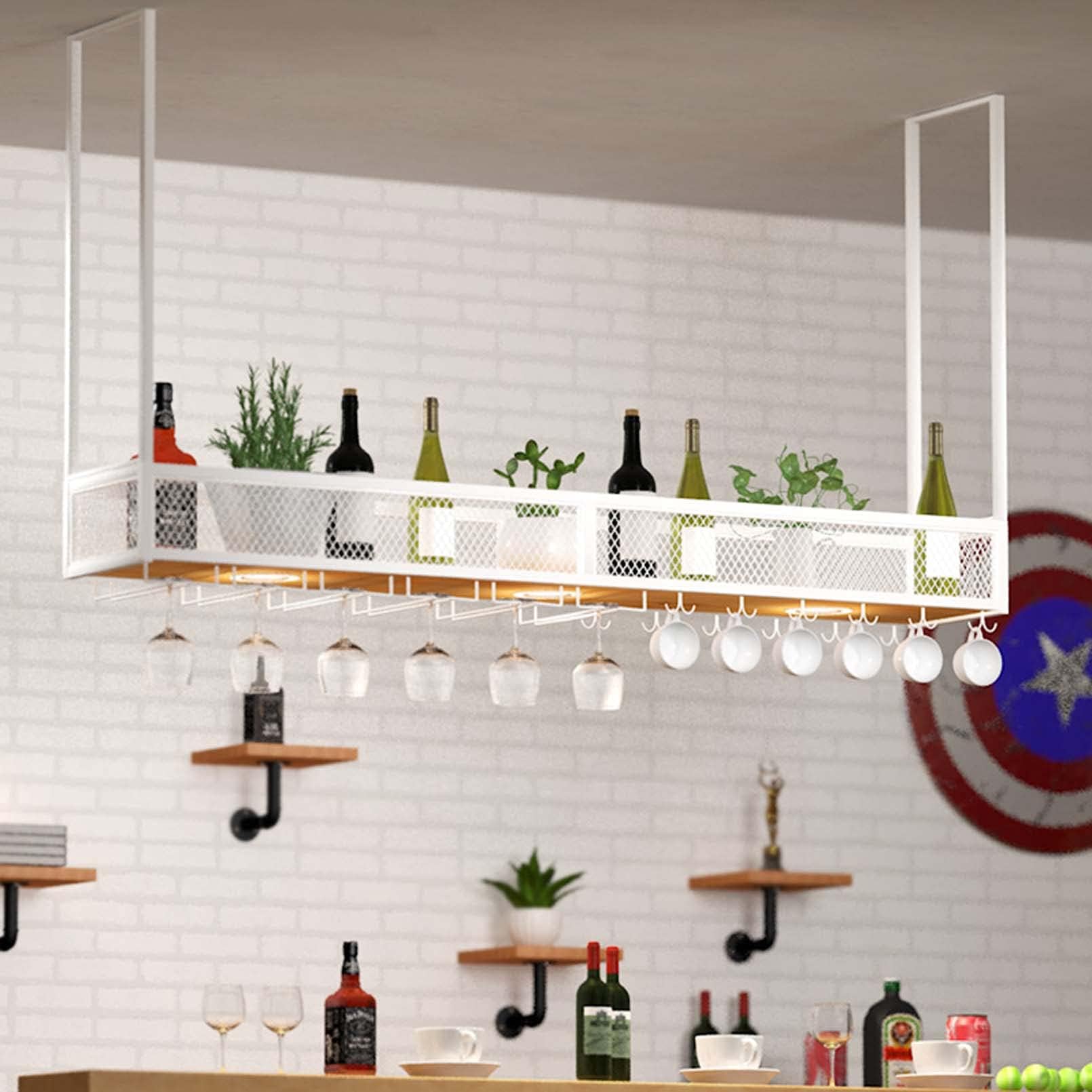 Elegante Portabottiglie da Soffitto in Metallo per Vino, Portabicchieri da Parete, Portabottiglie in Stile Europeo, Portabottiglie, Barra Regolabile in Altezza(Size:100cm(39.37in),Color:Bianco)