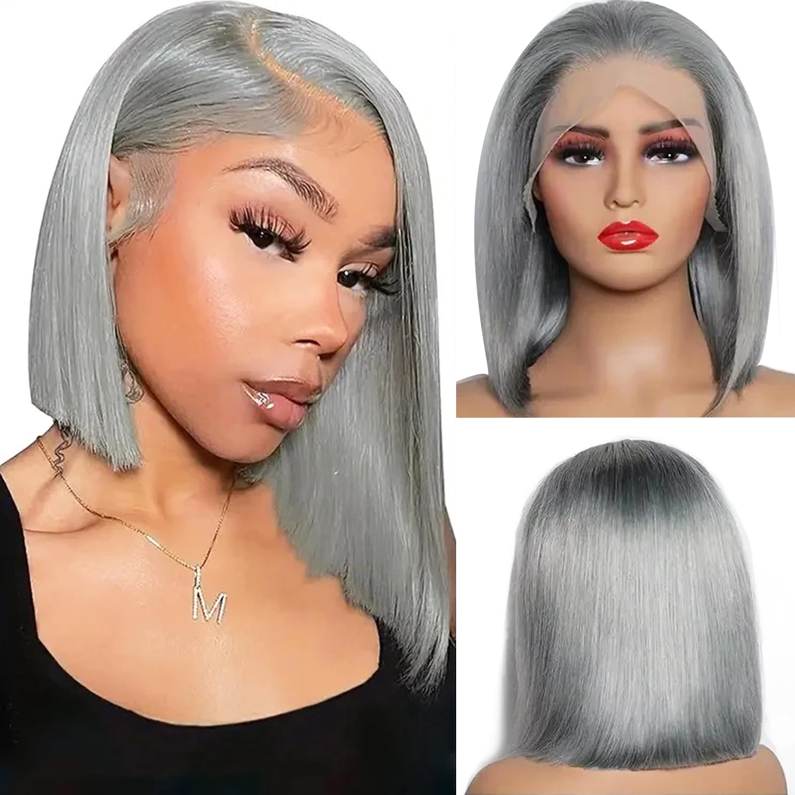 Grey Bob Wig Human Hair, 13x4 Grey Lace Front Wigs Human Hair Pre Plucked Middle Part 14 Inch Lace Frontal Short Bob Wigs for Black Women 14 Inch