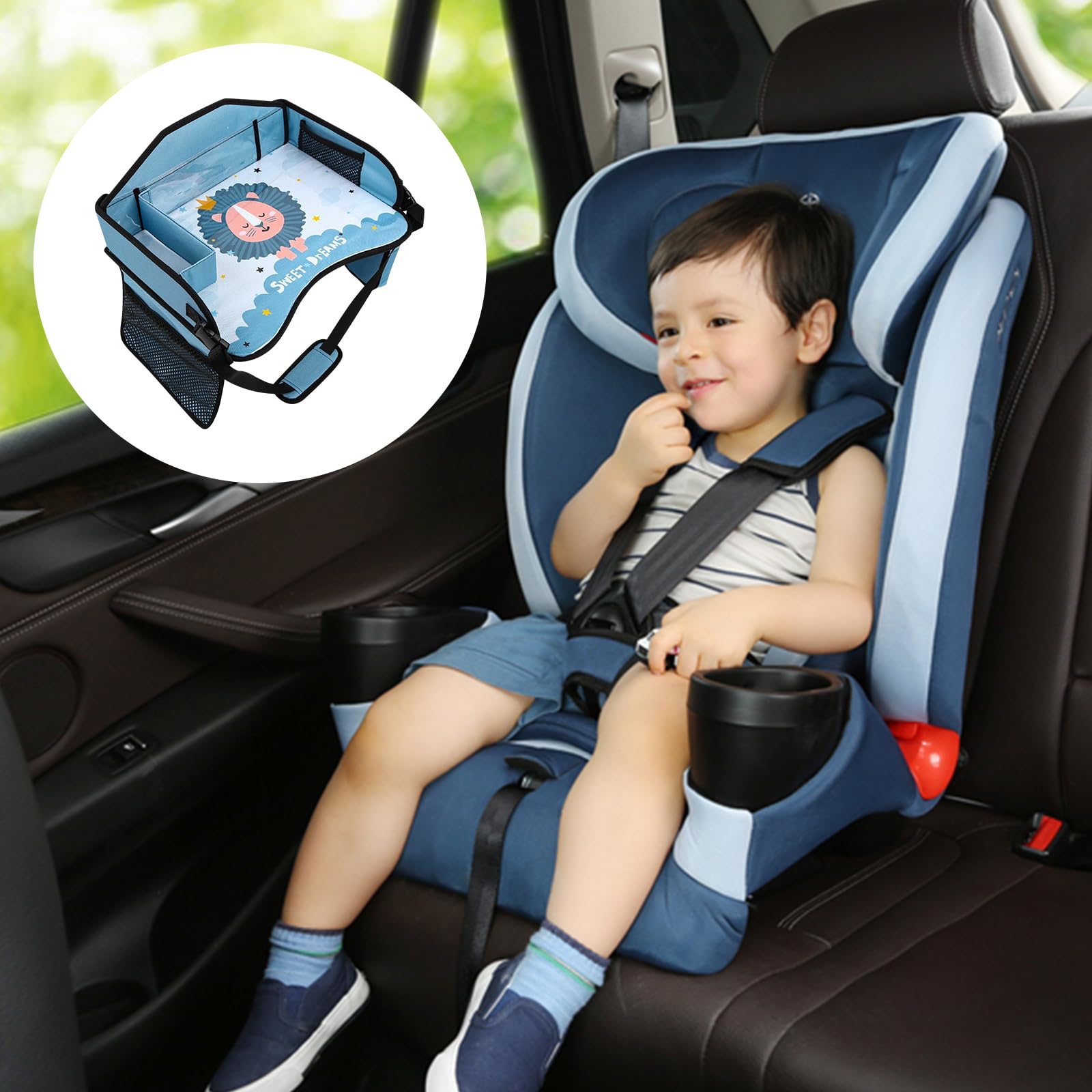 Vassoio per seggiolino auto per bambini, da viaggio, pieghevole, per auto, per bambini, impermeabile, per bambini, vassoio da viaggio, multifunzione, portatile, 43,5 x 33 x 16 cm, colore: blu