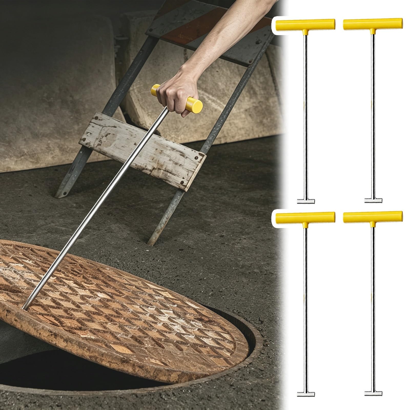 Gancho con Mango en T con Agarre de Goma de 12 mm (1/2 pulg.) | Removedor ergonómico de rejilla de drenaje con agarre en T, herramienta de palanca con extremo en T(4 pcs)
