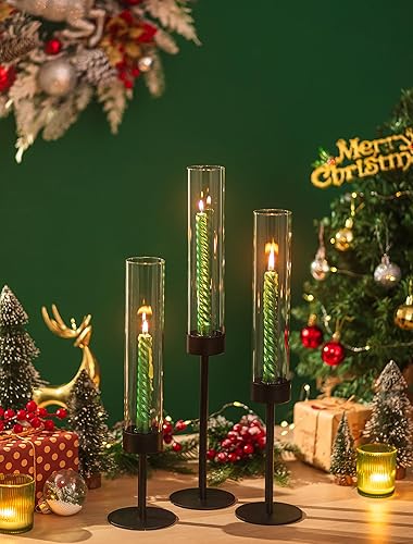 Miniatura 3 de Romadedi Candelabros negros Hurricane, portavelas cónico de metal, cilindro de vidrio alto a prueba de viento para interiores y exteriores, centro