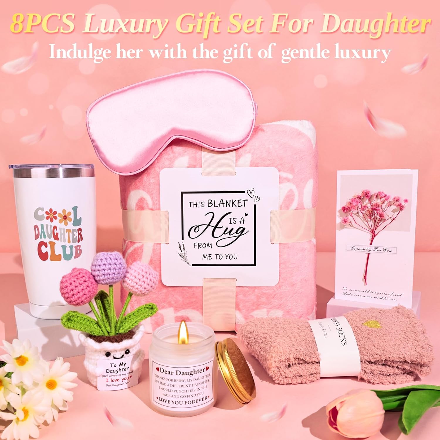 Mother's Day Basket Gifts for Adult Daughter, Best Daughter Ever Gifts,Unique Birthday Basket for Girl from Mom Dad with 50"x 60" Daughter Throw Blanket,Tumbler,Handmade Crochet Flower