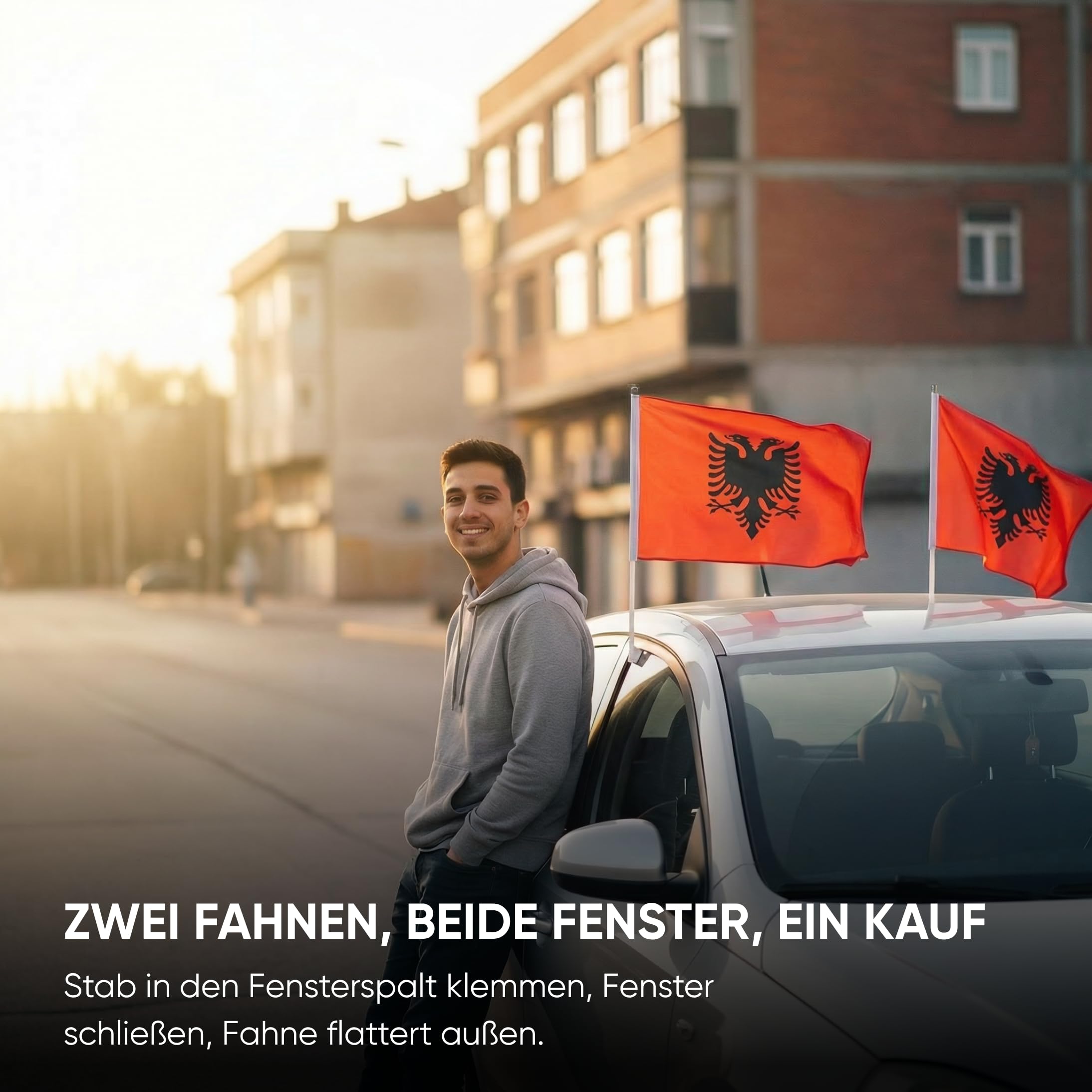 Auto Fahnen Albanien Set - Motorhauben Fahne & 2 Autofahnen für Fenster, Fußball Fanartikel FZG für EM & WM, Albanische Flagge Deko Set