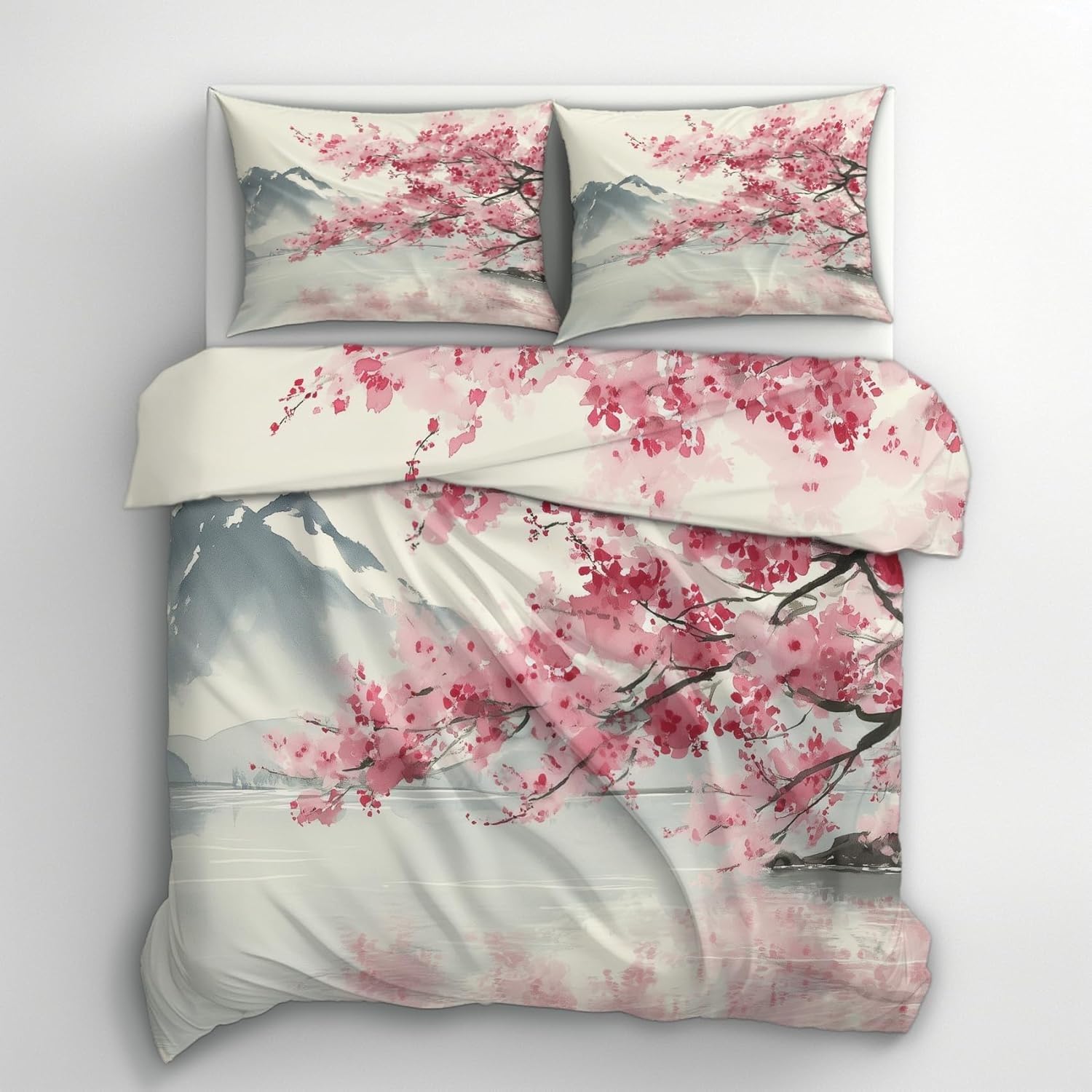 Funda Nordica Cama 90 Infantil Flor de Cerezo Ropa de Cama Lavado de Tinta Microfibra Suave y Cómoda con Cremallera Funda Edredon 150x200-2 Fundas Almohada 50x75 QC1334