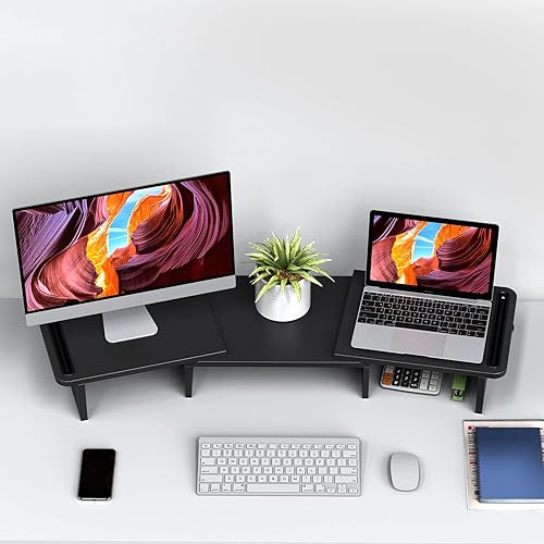 Miniatura 6 de Zimilar Soporte elevador de monitor doble, soporte para monitor con longitud y ángulo ajustables, soporte de monitor de madera para escritorio,