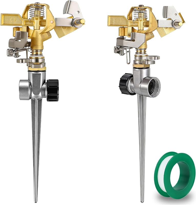 2 Packs Impact Sprinkler, Brass Head, Aluminum Alloy Stand | On Spike Base, Heavy Duty, Adjustable 360 Degree, Large Area Irrigation, For Yard Lawn Patio Garden