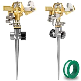 Triumpeek 2 Packs Impact Sprinkler on Spike Base, Heavy Duty Brass Water Sprinkler Head with Aluminum Alloy Stand, Adjustable 360 Degree Large Area Irrigation Sprinkler for Yard Lawn Patio Garden