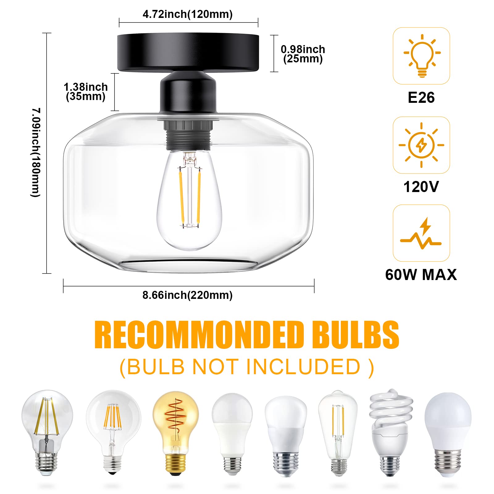 Mshamy Semi Flush Mount Ceiling Light,Morden Industrial Ceiling Light Fixture,Clear Glass Shade,Farmhouse Light Fixture for Hallway Bedroom Porch Corridor, Matte Black (Bulb Not Included)