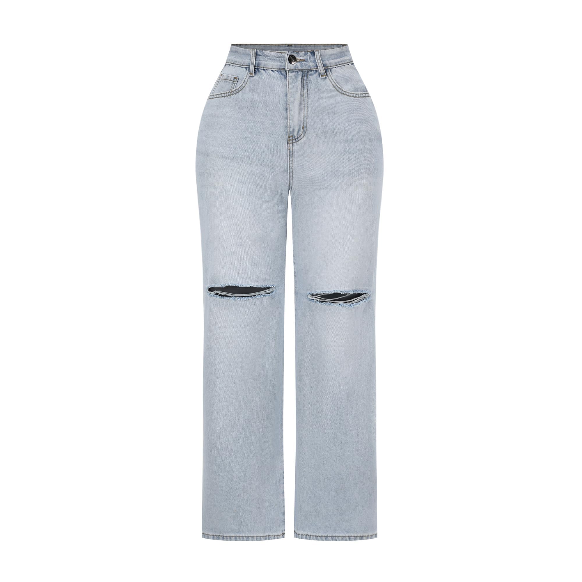 THUNDER STAR Womens High Waisted Wide Leg Jeans Stretchy Distressed Denim Pants