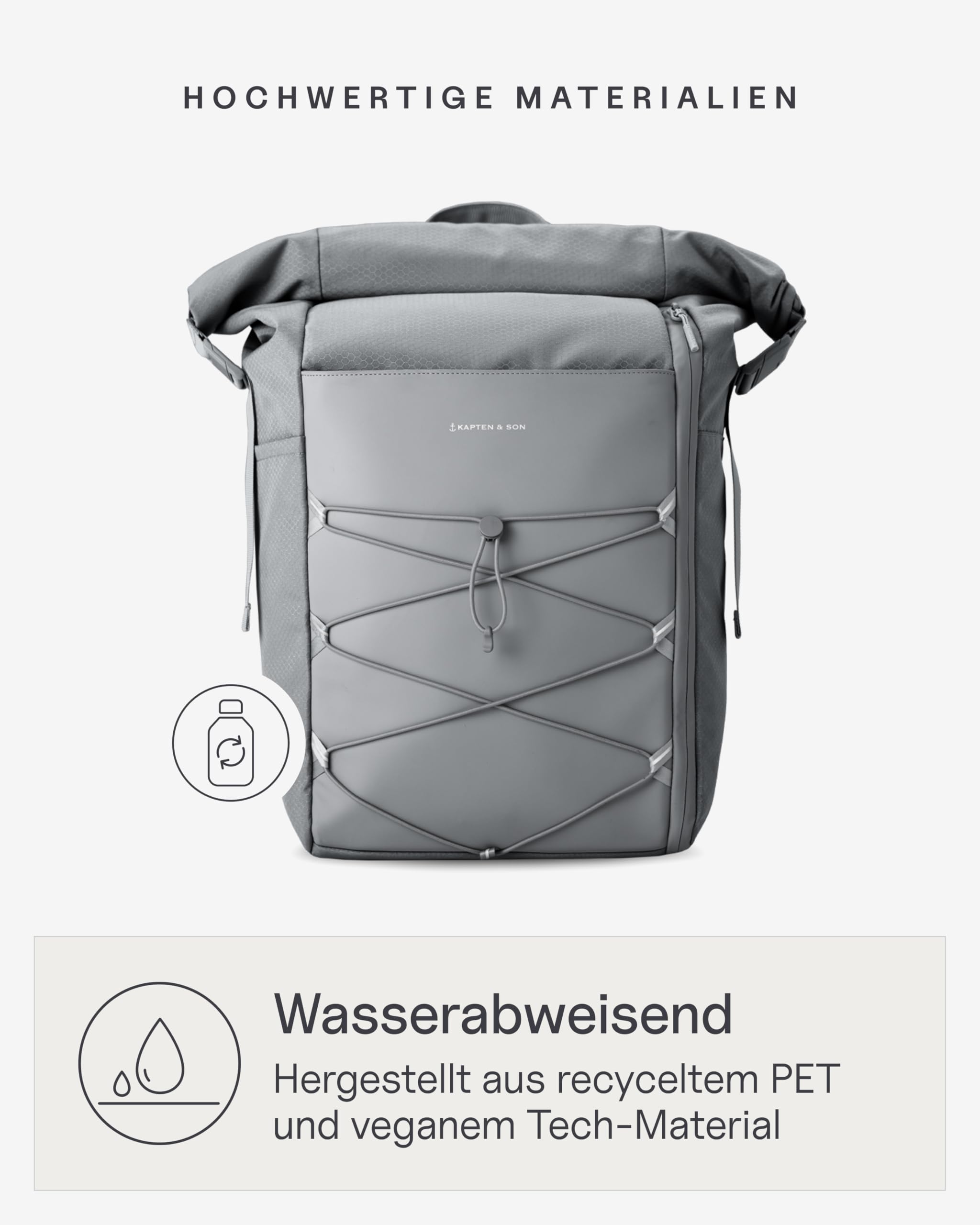 Kapten & Son Rucksack Yoho Stone Grey 24-30 L | Rolltop Rucksack Damen & Herren Grau | Handgepäckrucksack mit 14 Zoll Laptopfach & seitlicher Öffnung | Backpack ideal für Reisen, Uni, Arbeit, Sport