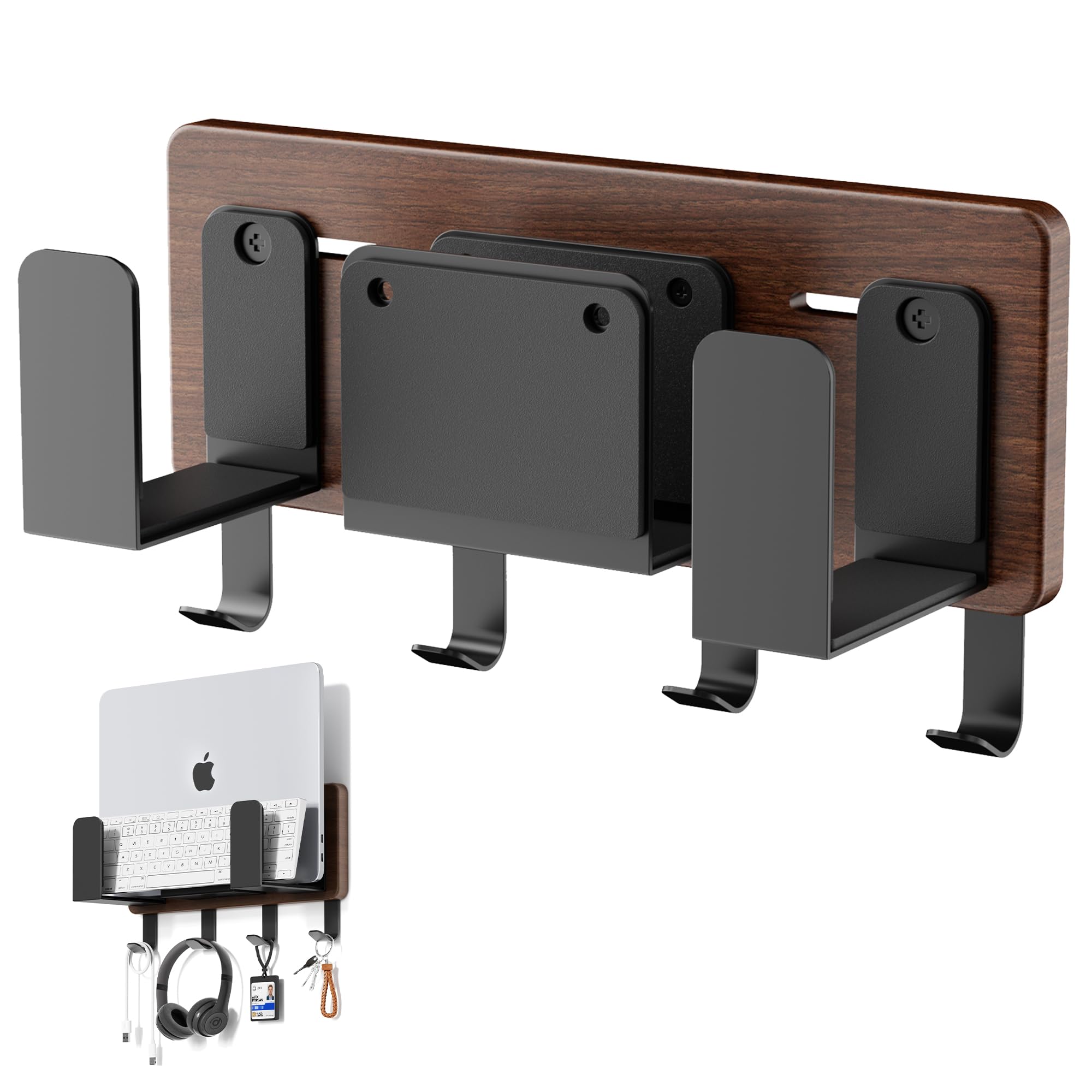 Universal Laptop Wall Mount Holder, Adjustable Metal Desk Organizer with Hooks | Ventilated Cooling & Anti-Scratch Pads | Compatible with 10-17.3 inch Laptop, Tablet, Keyboard, Router, Modem