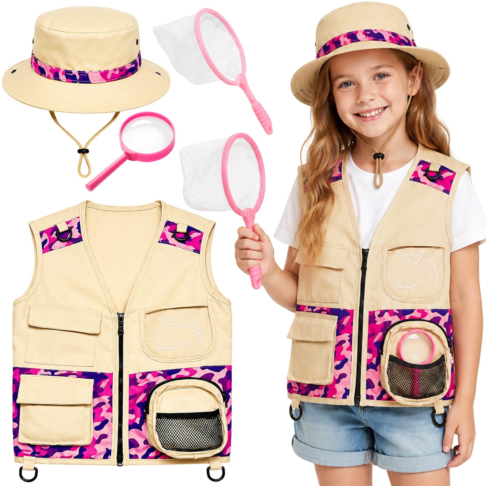 Explorer Costume Kids, 4 Pcs Explorer Kit, Khaki + Pink Camouflage