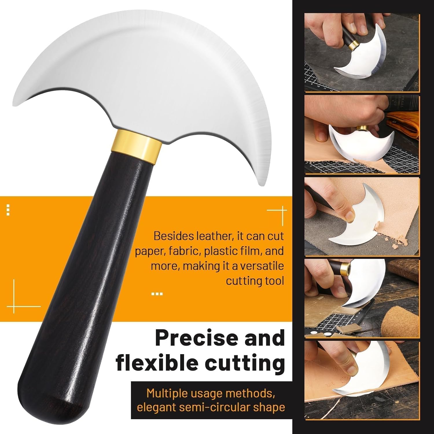 Round Leather Knife with Ebony Wooden Handle, Sharp Round Head Craft Skiving Cutting Tools, Leather Working Tools for Cutting, Skiving, Crafting & Artistic Project (S+L)