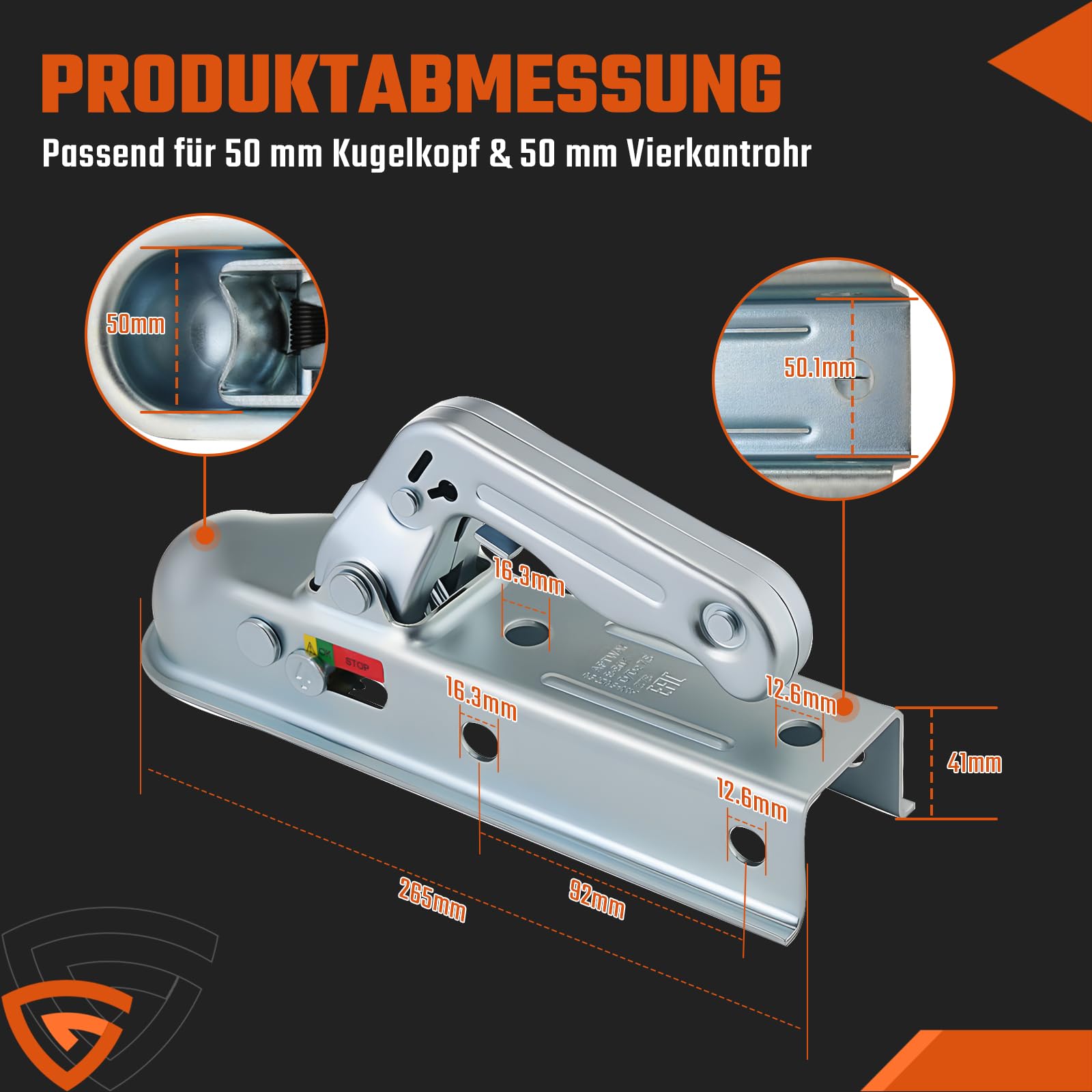 GEARMONSTER Attacco per rimorchio 800 kg, testa di aggancio quadrata, 50 mm, sfera universale, aggancio per rimorchio WW8-G