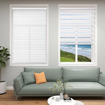 Changshade Zebra Roller Shades for Windows with Cord, Custom Zebra Blinds for Sliding Glass Door, Dual Layer Fabric Day and Night Horizontal Blind for Bedroom, Bathroom,Nursey,Light Filtering,White