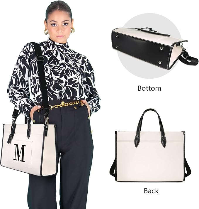 TOPDesign Initial 15.6" Laptop Tote Bag for Women, Personalized Canvas Work Purse, Business Briefcase & Office Handbag