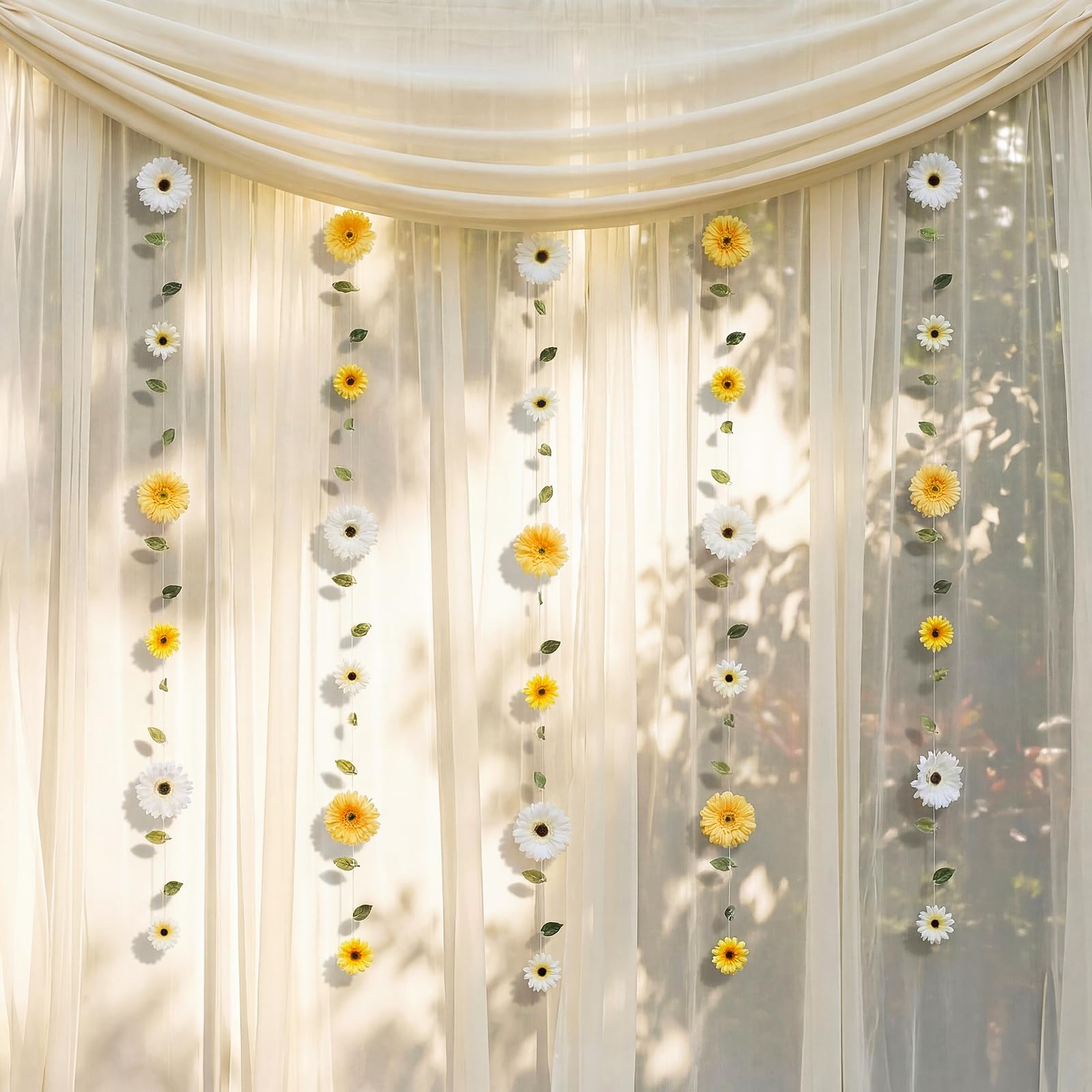 4 Pack Artificial Daisy Hanging Garland Faux Flower Garland String with Leaves & Hooks Daisy Flower Chain Banner for Wedding Birthday Boho Wall & Home(White, Yellow, Green)