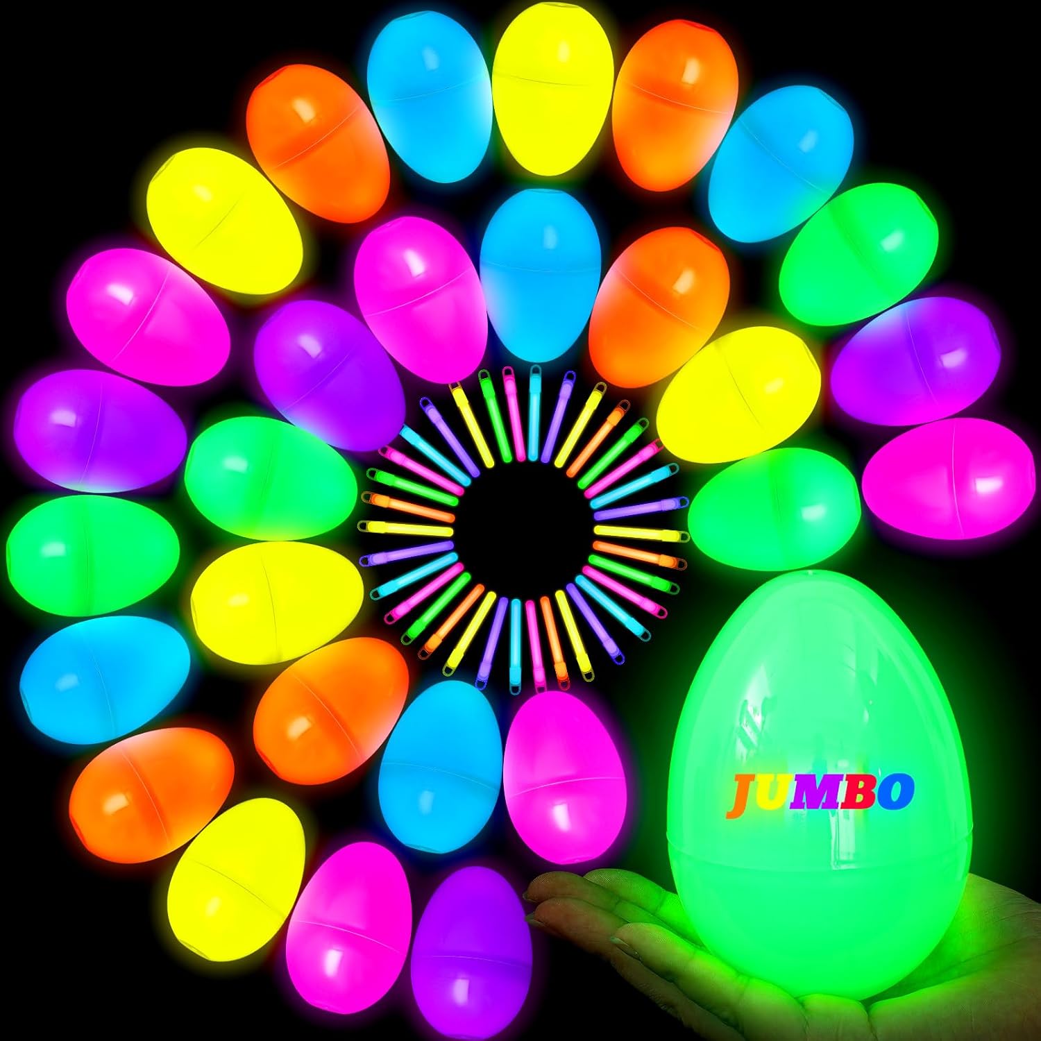 Hollowfly 4.8 Inch Fillable Jumbo Easter Glow Eggs & 4 Inch Glow Sticks Bulk with Lanyards Total Glow-in-The-Dark Easter Basket Stuffers Fillers Gift Birthday Party Favors