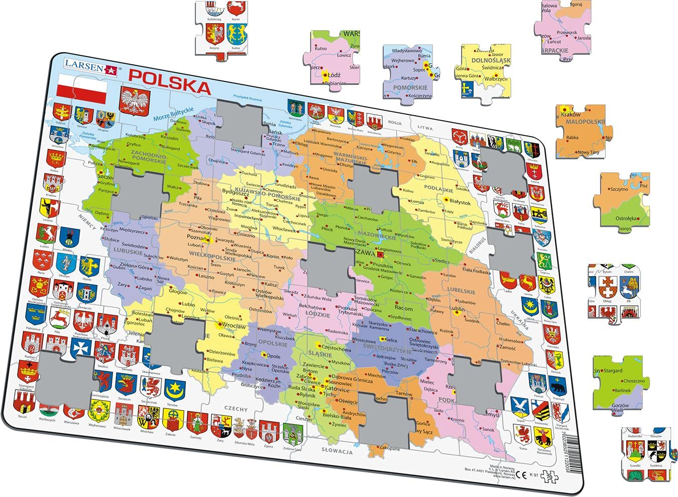 Larsen K97 Polonia Mappa politica, edizione Polacco, Puzzle Incorniciato con 70 pezzi
